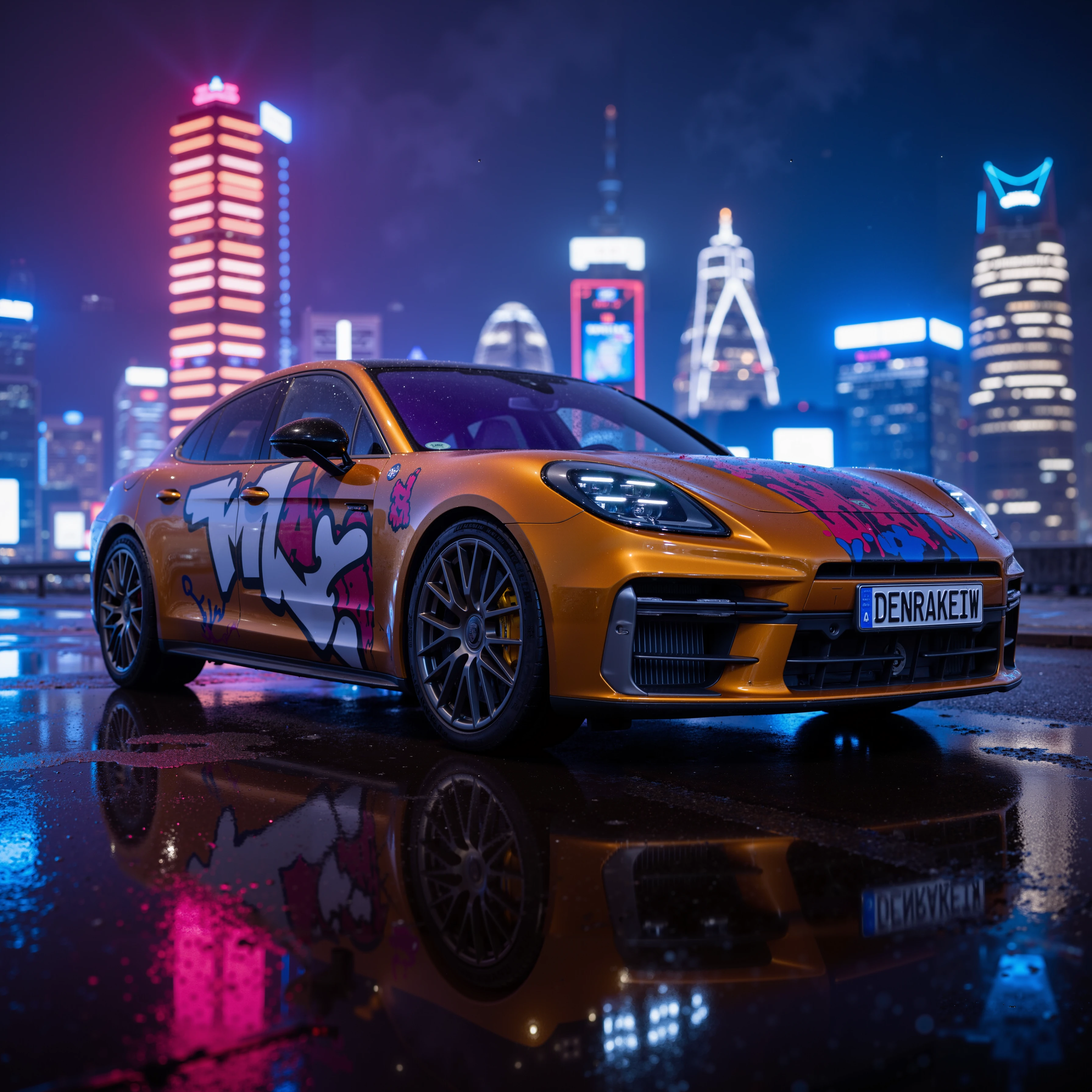 A vibrant, futuristic city scene featuring a Porsche Panamera Turbo E-Hybrid with a bold, neon graffiti paint job.numberplate reads DENRAKEIW, The car is parked on a wet, reflective street after a light rain, with neon lights and skyscrapers in the background casting colorful reflections on the glossy pavement. The car's design is sleek and aggressive, with bright paint drips and graffiti-style artwork covering its body, giving it a rebellious, street-art vibe. The city skyline is blurred by mist and rain, creating an atmospheric contrast to the sharp, detailed focus on the car. The scene feels dynamic, edgy, and modern, capturing a blend of urban grit and high-end automotive design.