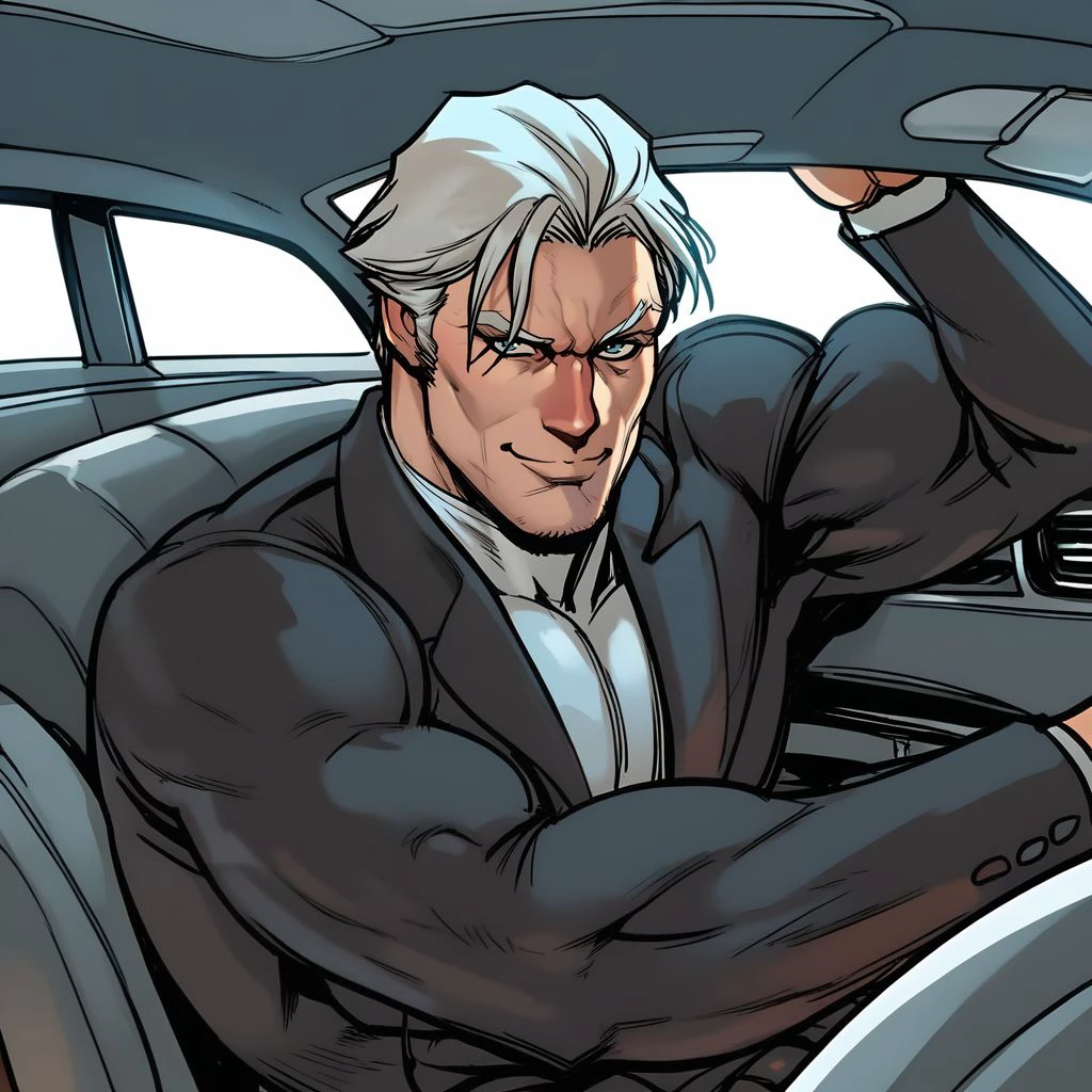 score_9, magneto, muscular male, white hair, blue eyes, sitting inside of a car, black suit, looking at the viewer, smiling,  <lora:magneto:1>