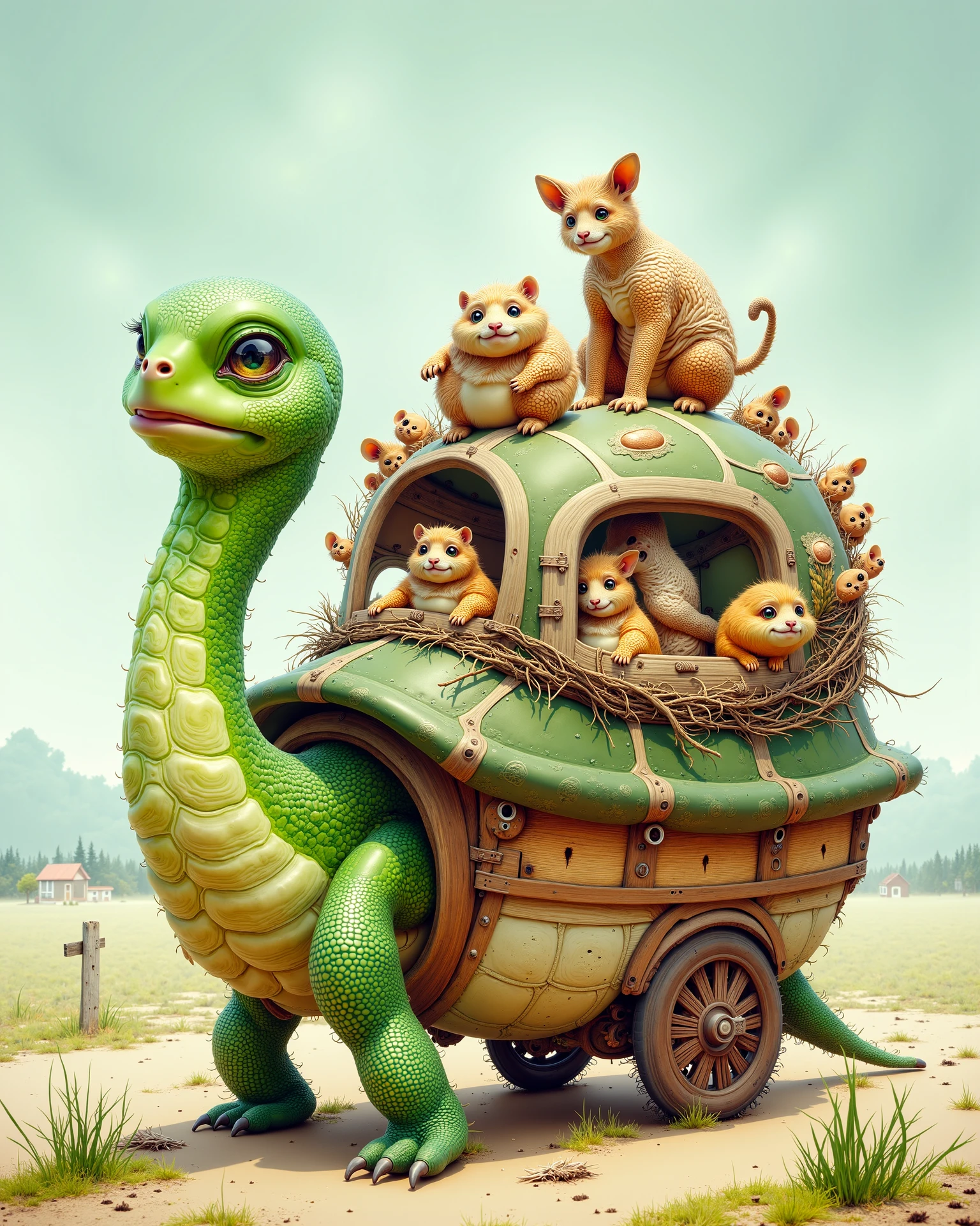 a turtle with its shell being a caravan with wheels carrying lots of other small chubby animals, quirky cartton rubberhose animation