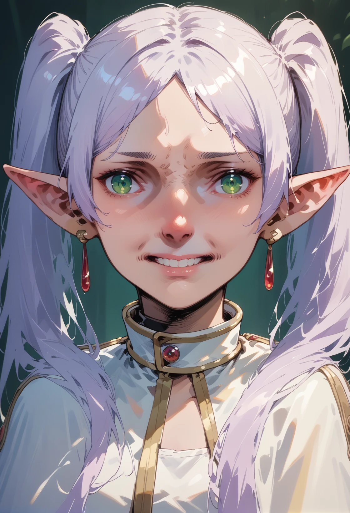 <lora:agniface-000011:1>, agniface, looking at viewer, teeth, 1girl, <lora:frieren_nereirfpnxl_pony_v2:0.85> frieren pointy ears green eyes twintails very long hair earrings white dress white capelet,, score_9, score_8_up, score_7_up, score_6_up