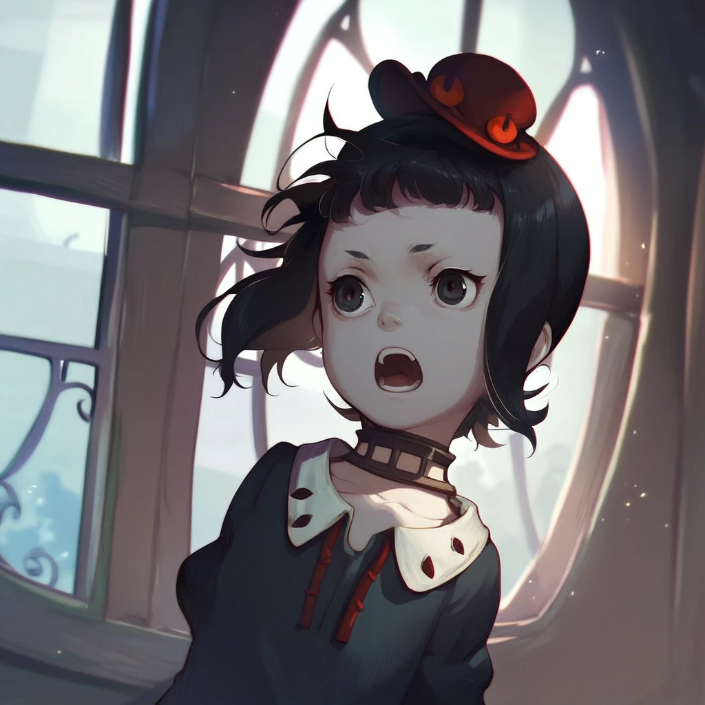 score_9, score_8_up, score_7_up, rita, shingeki no bahamut genesis, 1girl, solo, short hair, window, black hair, choker, dress, hat, upper body, black eyes, open mouth