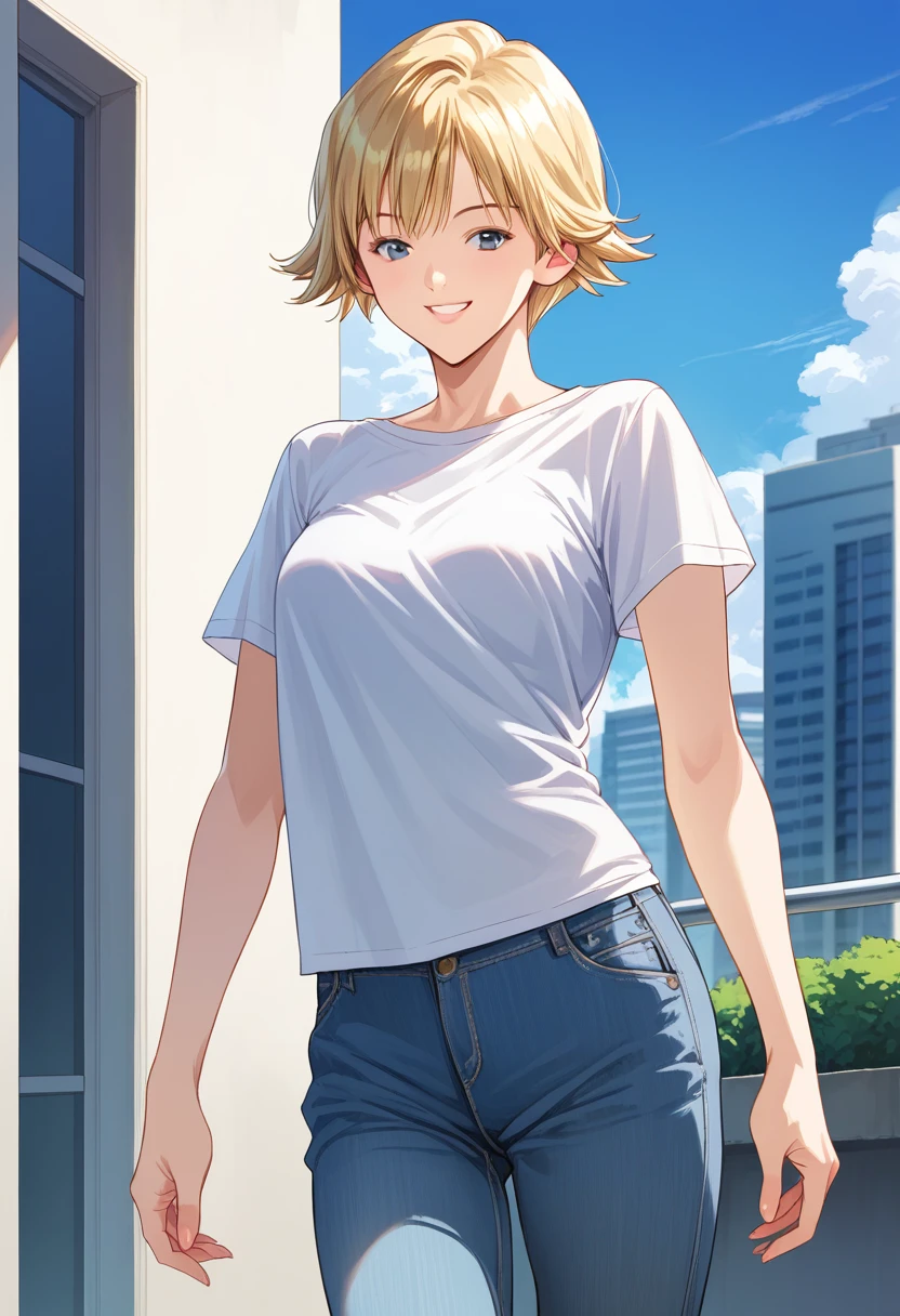 score_9, score_8_up, score_7_up, score_6_up, score_5_up, score_4_up, masterpiece, best quality, BREAK,
1girl, outdoors, city, day,  <lora:Akiba_Itsuki_Is:1> akibaitsuki, short hair, blonde hair, denim pants, t-shirt, smile,