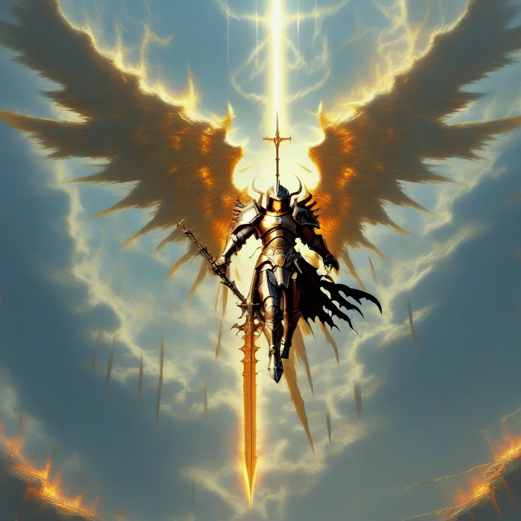 the character is a gigantic armored angel holding fire swords descending from the sky in front of an gold armored angel army holding fire spears and golden shields, landscape format, infernal art in good quality. concept art, Michelangelo and Dark Fantasy style, absurdres, high res, ultrasharp, 8K, masterpiece, (Masterpiece: 1.4), (Best quality: 1.4), cinematic lighting