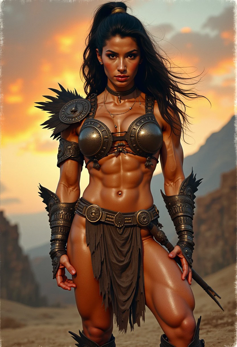 Upper body portrait inspired by frank frazetta.  Painted in watercolor, A beautiful female barbarian stands triumphant after battle, Derivitivefbblean, her muscled physique glistens in the twilight, and her sexy bikini armor has elements of tribal totems and black feathers, her dynamic pose inspires awe and admiration, jet black hair, tan skin, heavy eye makeup, muscular legs and shoulders, abs, dirty, beautiful eyes, intense, detailed, cinematic shot,