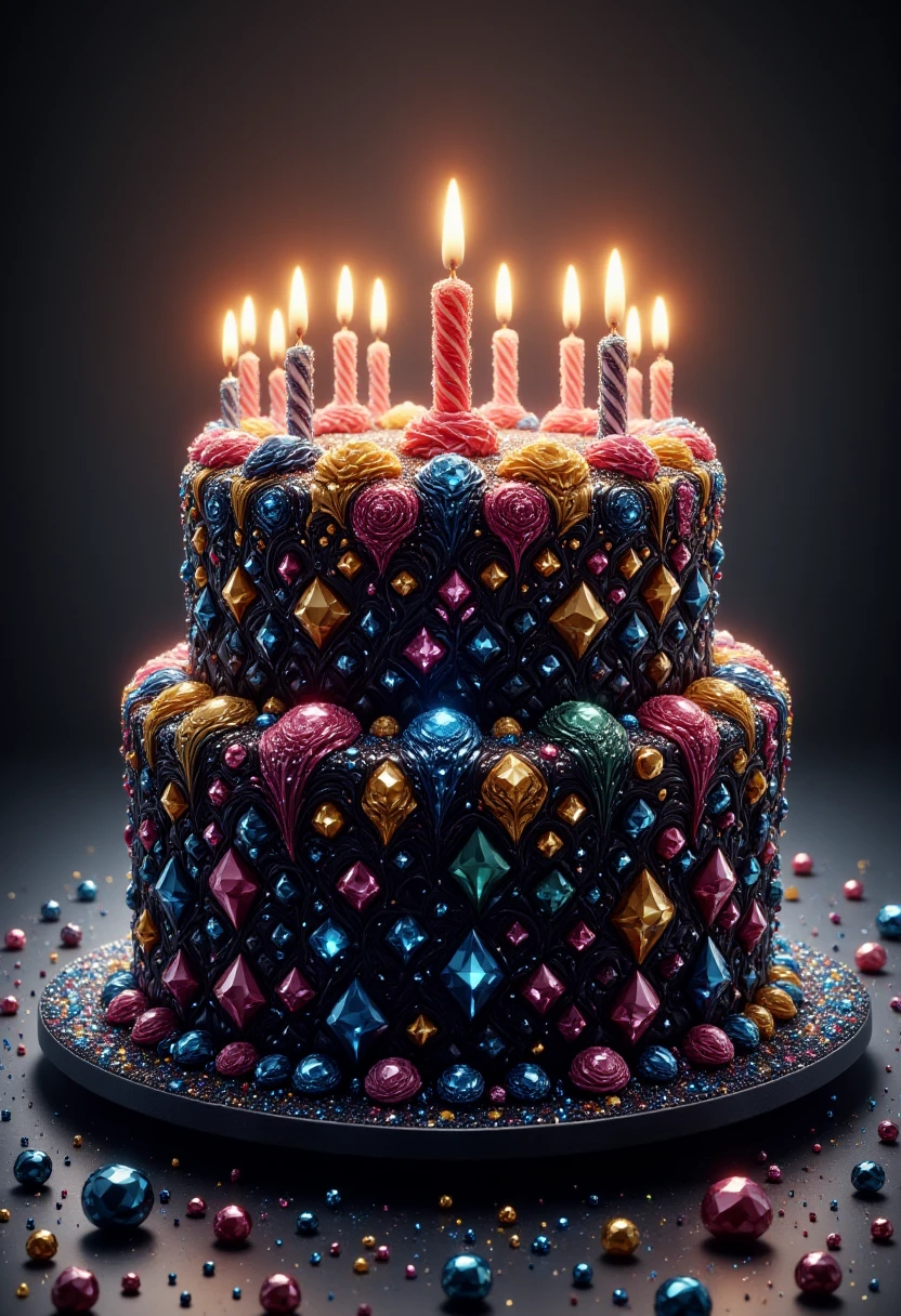 a colorful birthday cake made out of black diamonds, amazing details, highly detailed, highest quality, perfect composition, great composition, beautiful detailed, supreme quality color intricate, best, elaborate