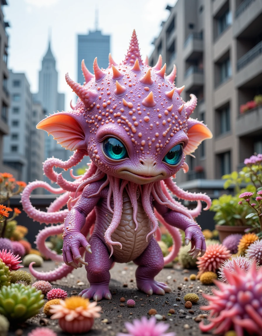 wimsical,fantasy concept art,ultra sharp,reality-shot,realism,realistic photography of a cute alien lifeform covered with sea cucumber,cyberpunk rooftop garden,intricate details,emo,<lora:CreArt-lora_epoch_5:1>
