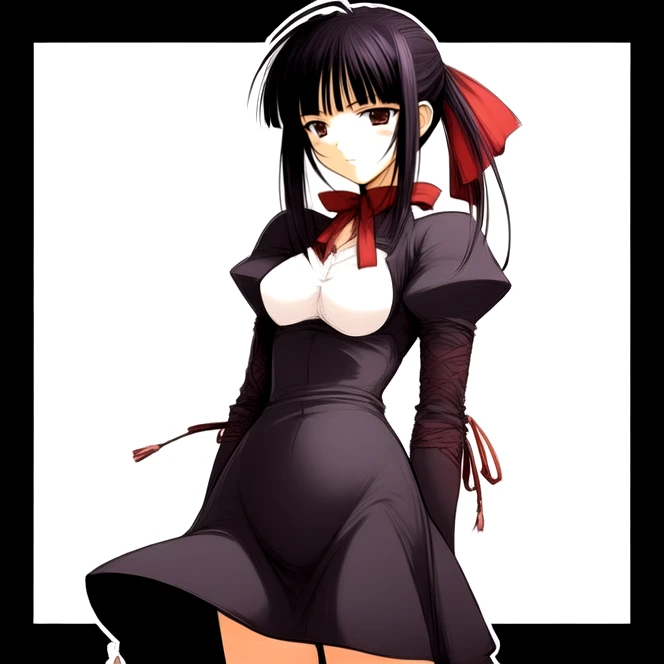 cowboy shot, solo, <lora:kanakoUrashima:0.9> kanako_urashima, black hair, brown eyes, dress, long sleeves, bangs, sidelocks, hair antenna, ponytail, best quality, ultra high res