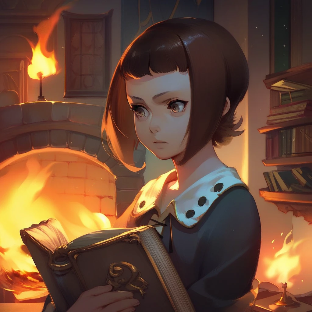 score_9, score_8_up, score_7_up, rita, shingeki no bahamut genesis, 1girl, book, solo, fire, fireplace, brown hair, short hair, holding, holding book, indoors, upper body, dark, torch