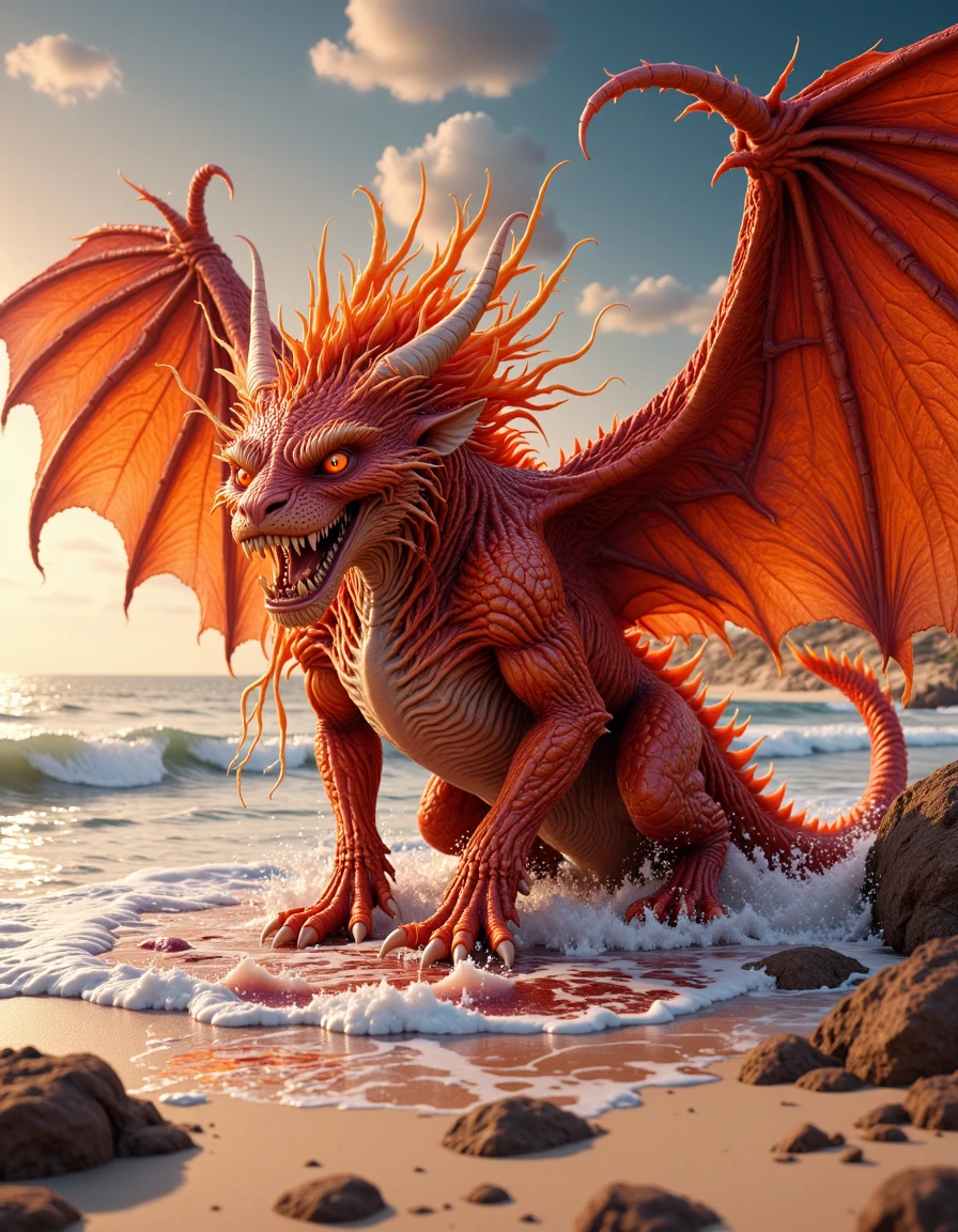 chimera made of blood_orange,cosmic beach with ethereal waves,whimsical elements,intricate details,ultra sharp,soft textures,exquisite detail,flawless composition,masterpiece,highest quality,extremely detailed CG unity 8k wallpaper,<lora:CreArt-lora_epoch_5:1>