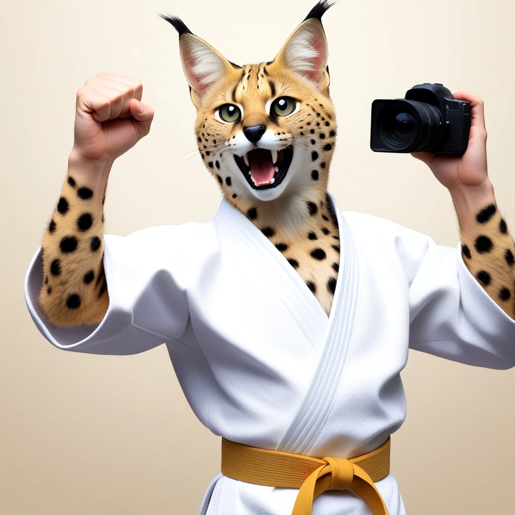 <lora:Black_Belt_SDXL:0.5>, karate outfit with his fist raised up for taking picture, gold sash, martial arts belt, FPCH, hzup, upper body, fang, open mouth, clenched hand, serval