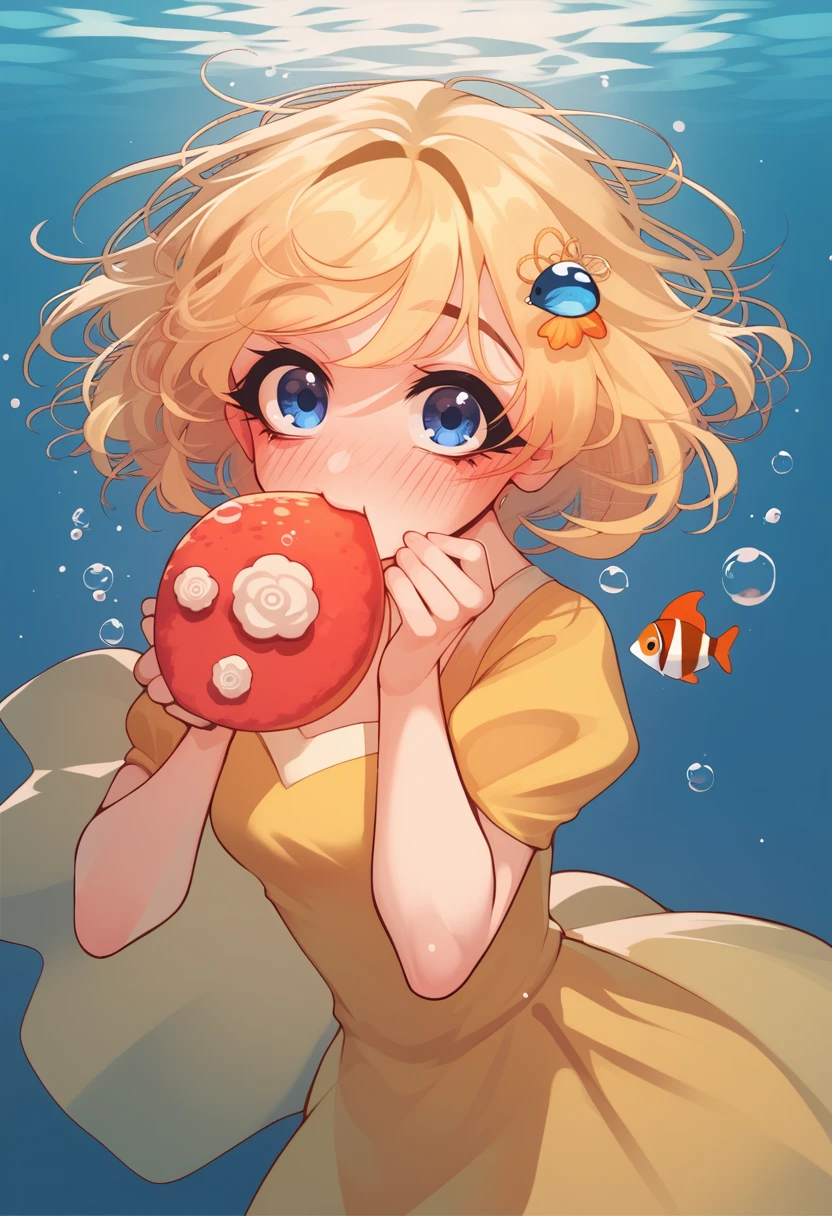 score_9, score_8_up, score_7_up, BREAK
sachiko, 1girl, yellow dress, eating, hair ornament, bubble, blush, fish, blonde hair, blue eyes, looking at viewer, dress, short hair, underwater