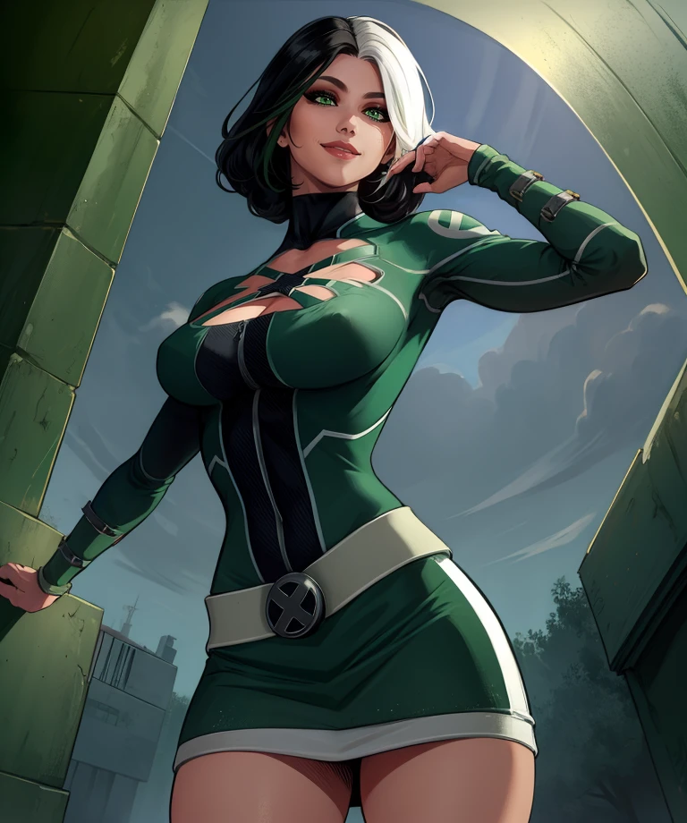 rouguedp,green eyes,black hair,(grey  hair streak:1.1),
detached  sleeves,green bodysuit,cleavage,light smile,belt,green miniskirt,
standing,from below,
looking at viewer,
(insanely detailed, masterpiece, best quality),<lora:rougueDP:0.9>,
evening,solo,