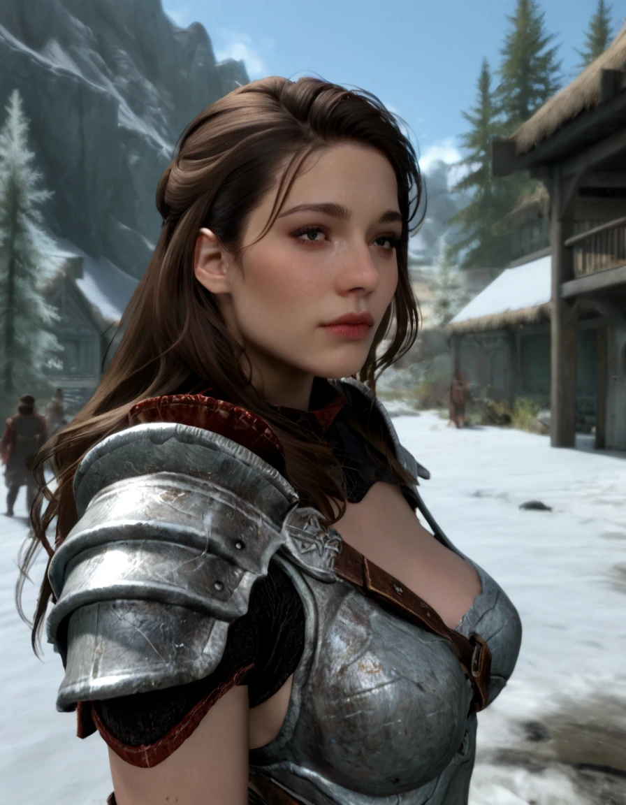 score_9, score_8_up, score_7_up, score_6_up, score_5_up, score_4_up,  upper body, rikke, nord, brown hair, long hair, large breasts, armor, snow, realistic