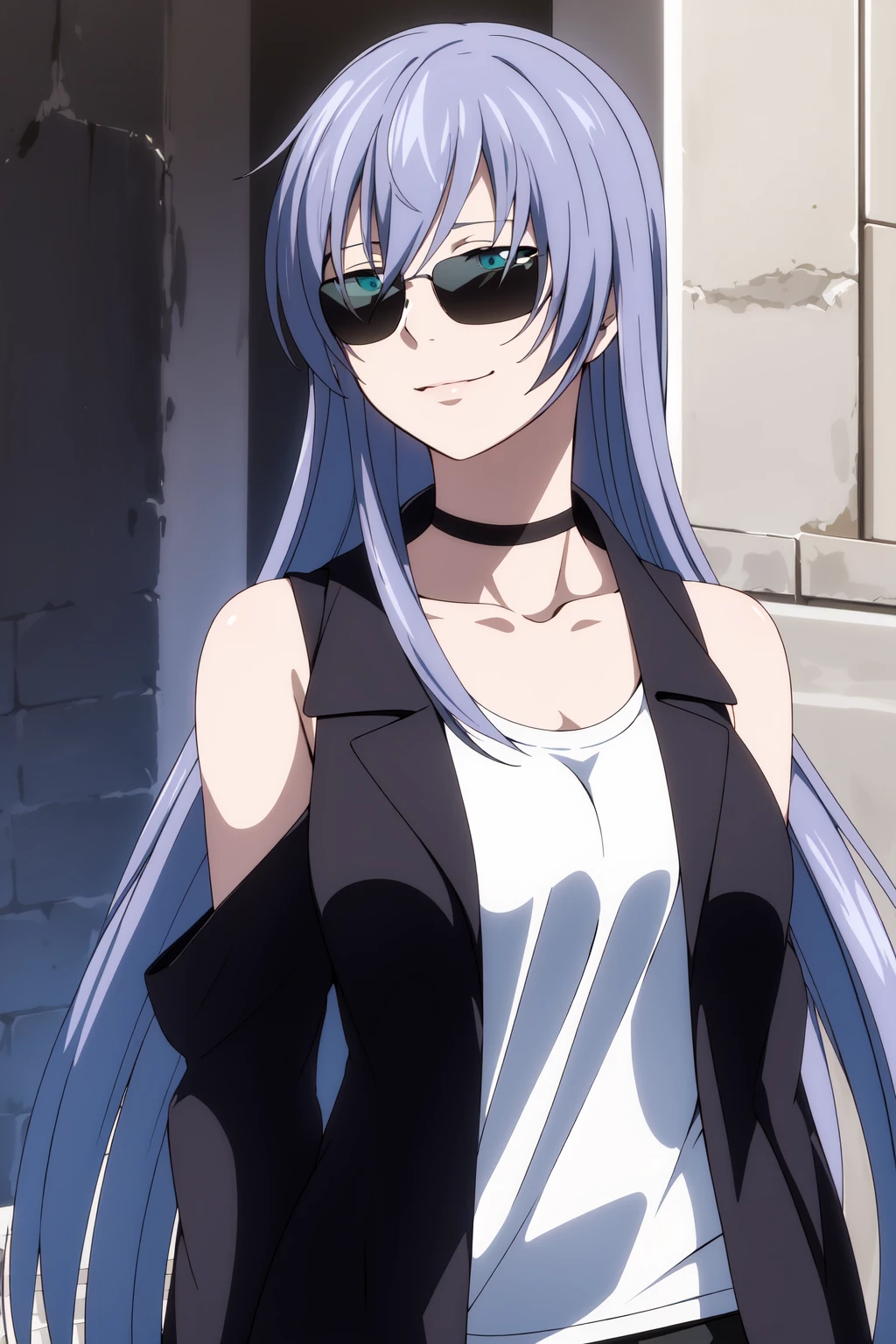 (RAW photo, best quality), 1girl,  natural lighting, light smile,
<lora:ss_sasha_lc_1_2:0.9> ss_lc_sasha, tanktop, sunglasses, choker, gothic jacket,