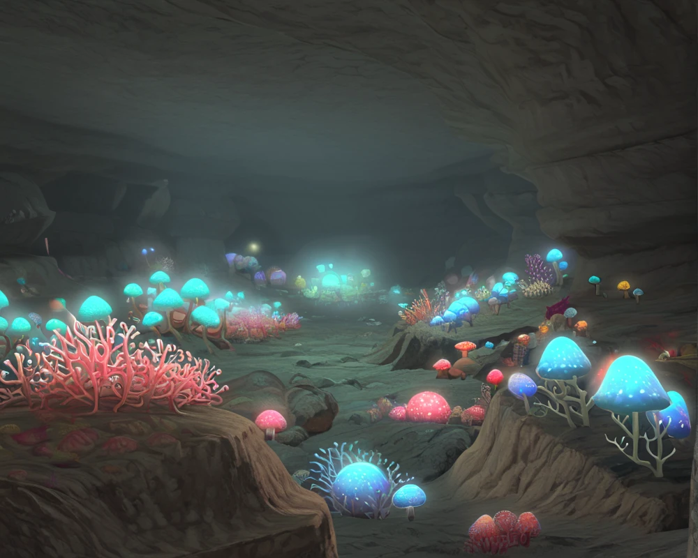 <lora:Sastasha_FORPONY-10:1>scenery, dark, glowing, cave, coral, mushroom, geyser