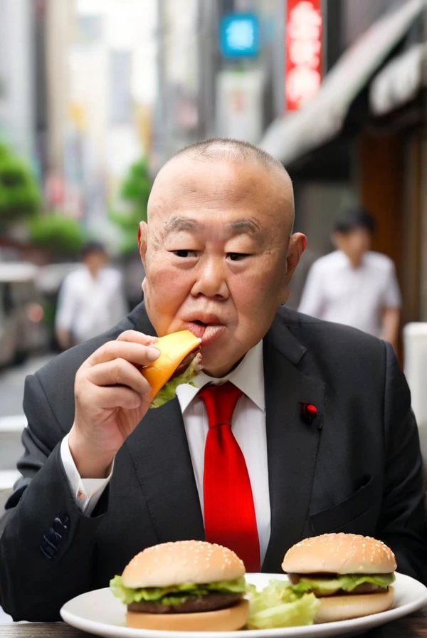 <lyco:Kazuhiro_Haraguchi:1.0>, highly detailed professional 8k raw photography, best hyperrealistic quality backgrounds, volumetric real-time lighting and shadows, middle-aged,  old man, asian, skin head, wearing  black suit and red tie, white shirts under the black suit, Asian, (Kazuhiro Haraguchi) eating hamburgers by hand, close up, tokyo restaurant background