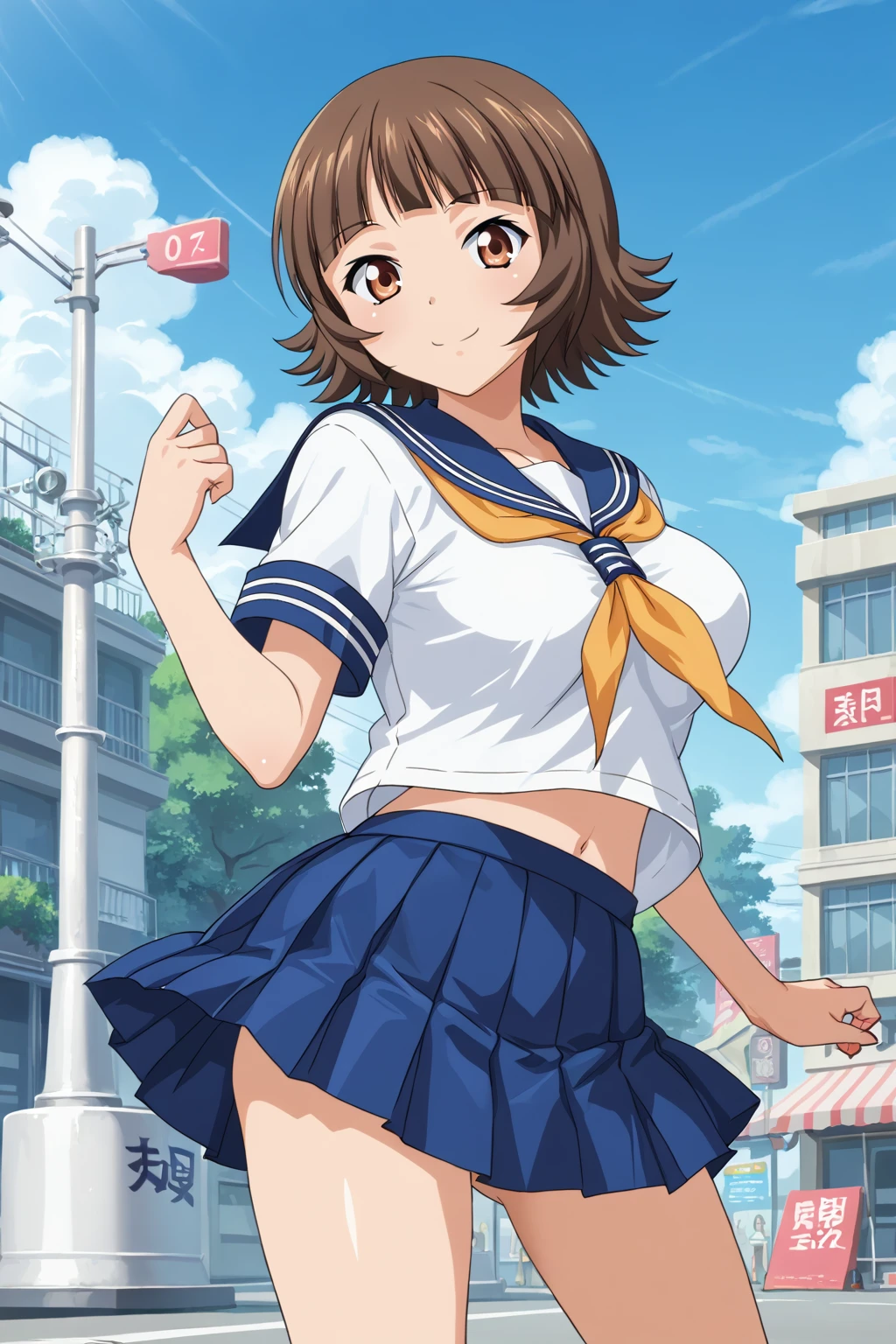 score_9, score_8_up, score_7_up, BREAK source_anime, masterpiece, anime screencap, shiny skin,
1girl, chouhi ekitoku, short hair, brown hair, brown eyes, large breasts, <lora:chouhi_pony:0.8>
serafuku, white shirt, yellow neckerchief, pleated skirt, blue skirt,
outdoor, smile, cowboy shot,