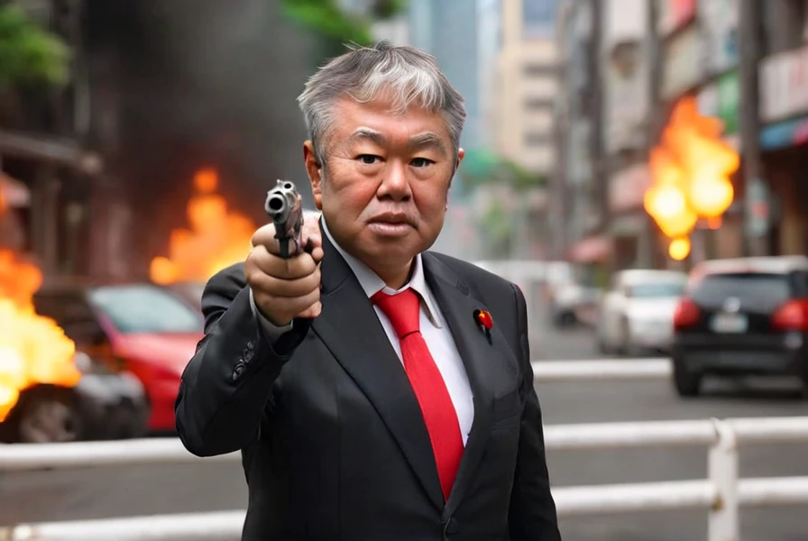 <lyco:Kazuhiro_Haraguchi:1.0>, highly detailed professional 8k raw photography, best hyperrealistic quality backgrounds, volumetric real-time lighting and shadows, middle-aged,  old man, asian, gray hair, wearing  black suit and red neckerchief, white shirts under the black suit, Asian, (Kazuhiro Haraguchi) holding and shooting hand gun, muzzle flash, close up, burning city backgrounds