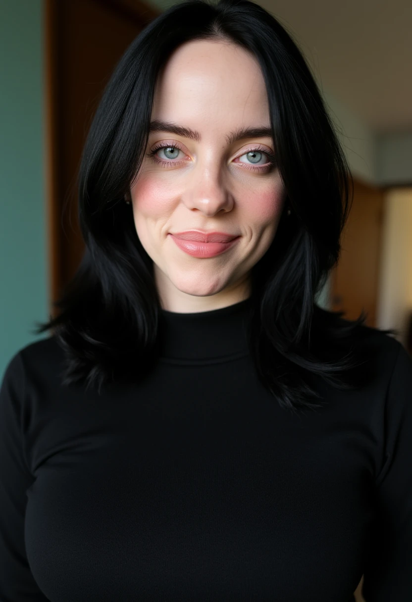 raw photo, realistic, photography, masterpiece, best quality, billie eilish, tight high-neck shirt, smile, medium-shot,