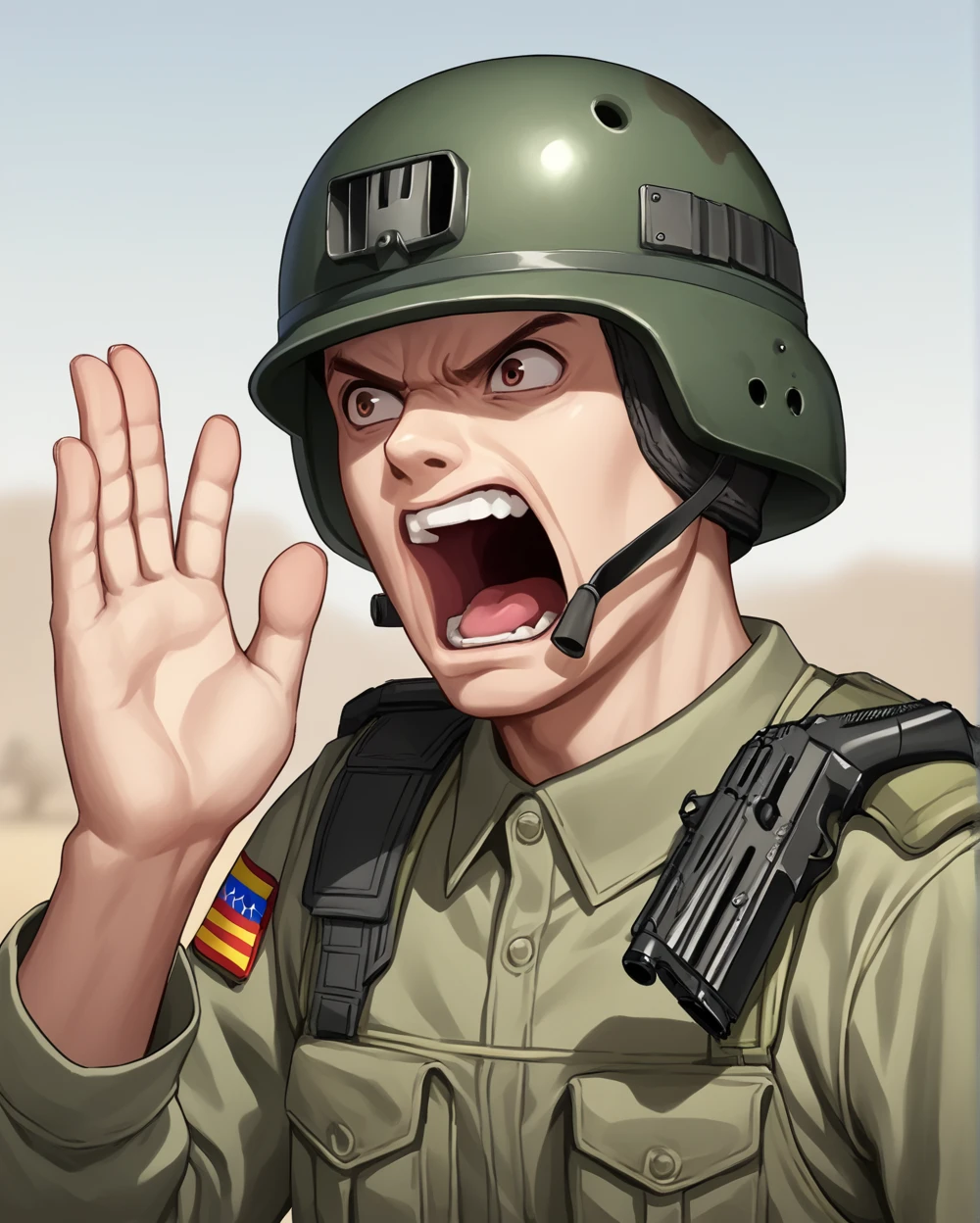 score_9, score_8_up, score_7_up, source_anime BREAK 1boy, soldier, solo, battle field, gun, one hand up, open mouth, shouting, ruin, helmet, battle, modern, angry, <lora:Hand_up_calling_outshouting:1>, upper body, rating_questionable