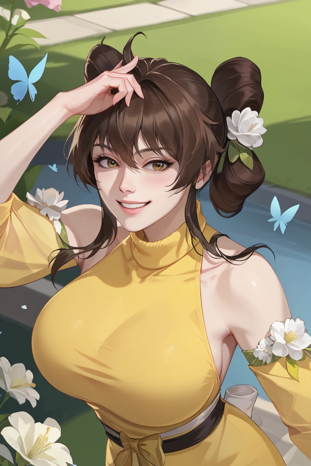 huang ying, brown hair, long hair, sidelocks, hair buns, ((yellow virgin killer sweater)), ((from side)), (nsfw), (uncensored), (score_9), score_8_up, score_7_up, source_anime, cowboy shot, dynamic pose, Happy, Smile, Parted Lips, blush, ashamed, shy, sexy, charming, alluring, seductive, enchanting, erotic,
((outdoors)), ((flower garden)), ((flowers)), ((many flowers)), spring petals, petals of flowers, spring, falling petals, flying butterflies<lora:EMS-450395-EMS:1.000000>