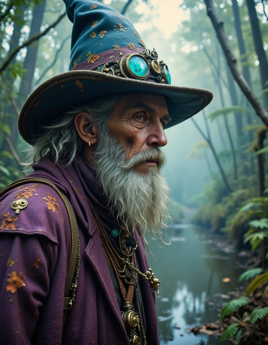 a film still extreme close - up shot of an old steampunk wizard in a misty swamp by esao andrews. colorful, vibrant. trending on artstation,<lora:CreArt-lora_epoch_5:1>