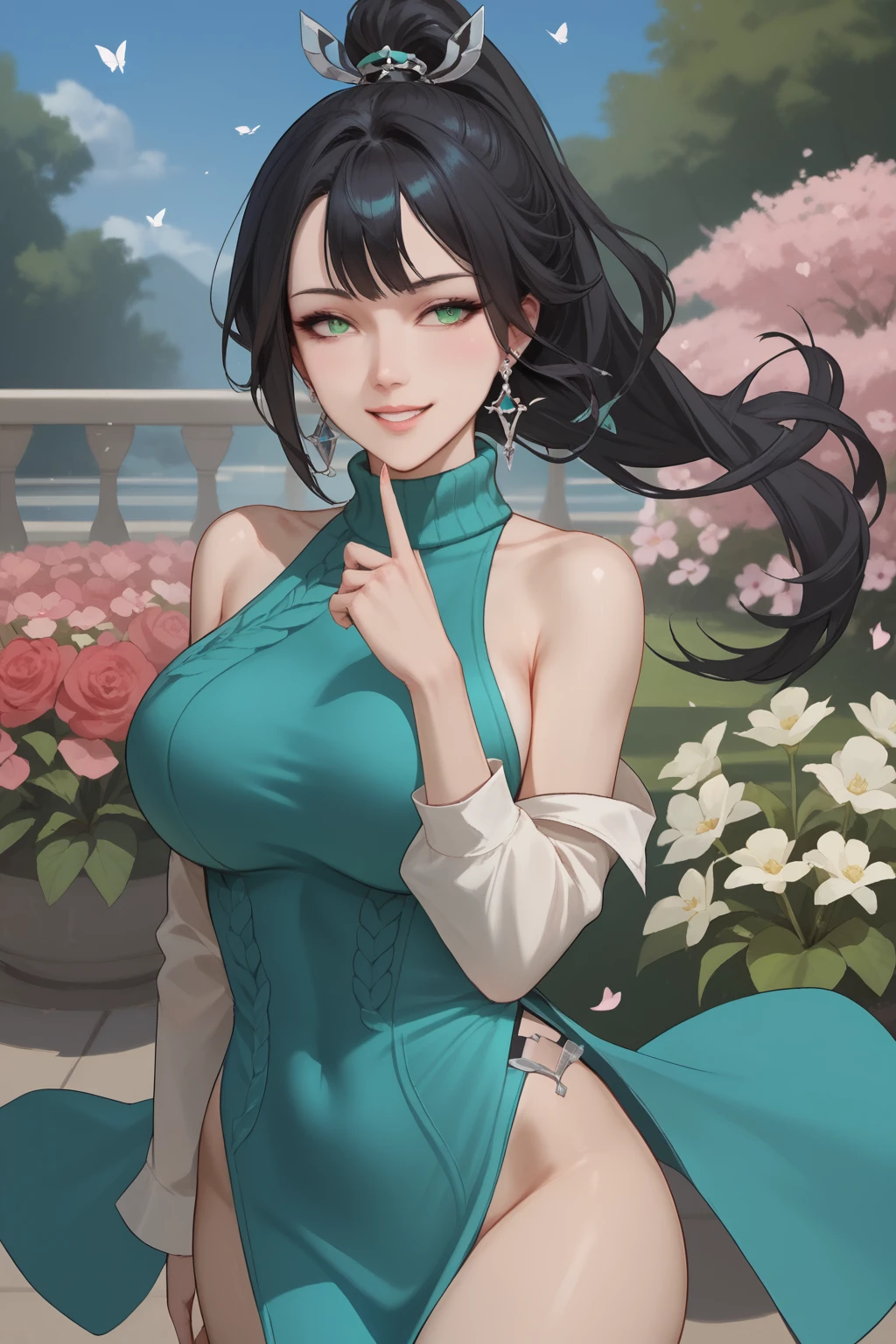 yu xiao er, black hair, long hair, high ponytail, hair ornament, earrings, green eyes, green virgin killer sweater,
(nsfw), (uncensored), (score_9), score_8_up, score_7_up, source_anime, cowboy shot, dynamic pose, Happy, Smile, Parted Lips, blush, ashamed, shy, sexy, charming, alluring, seductive, enchanting, erotic,
((outdoors)), ((flower garden)), ((flowers)), ((many flowers)), spring petals, petals of flowers, spring, falling petals, flying butterflies<lora:EMS-460686-EMS:1.000000>