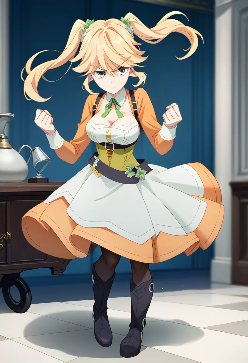 score_9, score_8_up, score_7_up, source_anime, TARTE (THE WORLD'S FINEST ASSASSIN), TARTE REGULAR WEAR, 1girl, blonde hair, dress, twintails, pantyhose, boots, kick man