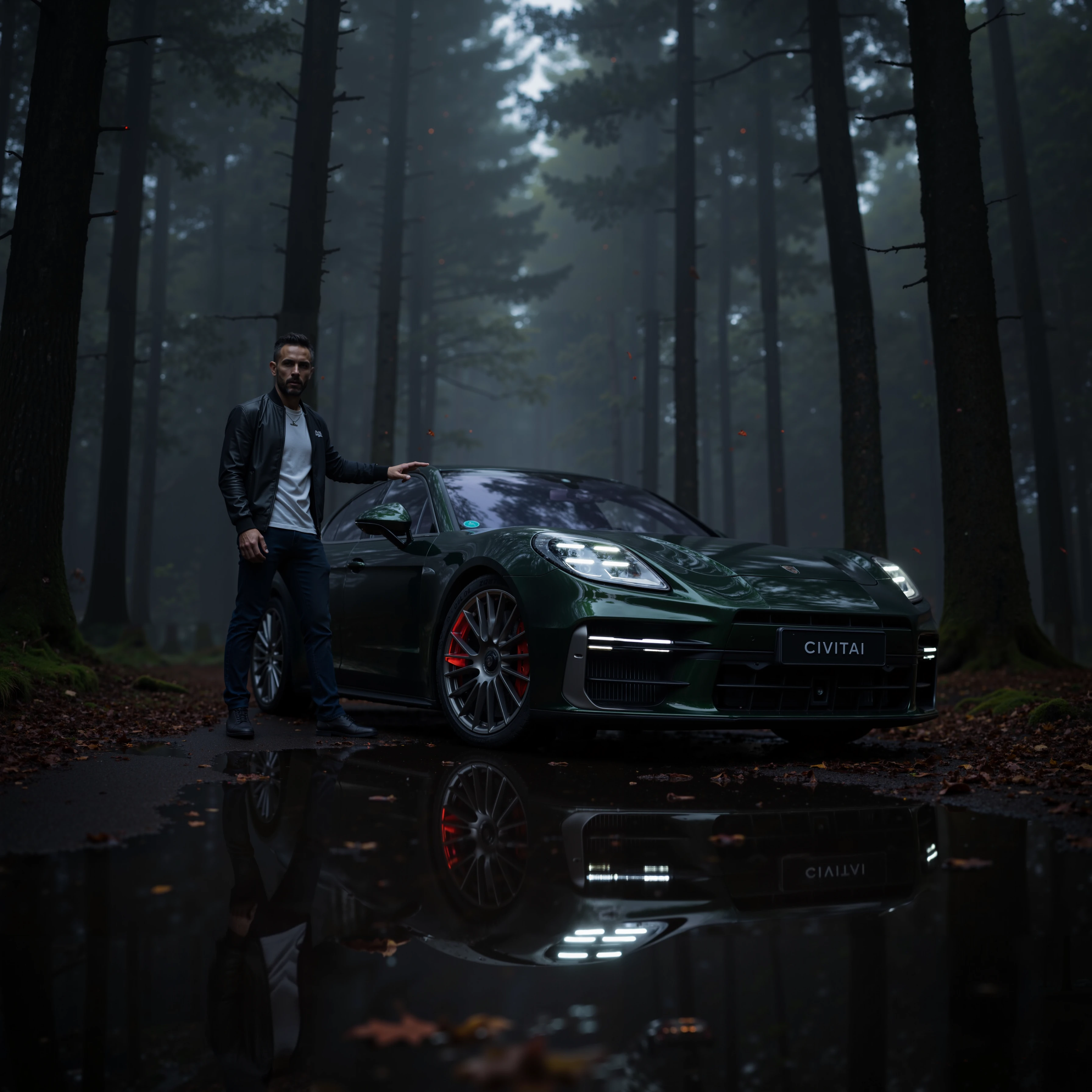 Horrormovie, scary zombie posing in front of a Porsche Panamera Turbo E-Hybrid, numberplate reads CIVITAI parking forest setting. The environment is a misty, dark forest at twilight, with tall, shadowy trees towering in the background. The ground is wet, reflecting the car’s glowing headlights and subtle red accents, which cast an ominous glow on the surface below.

The Porsche Panamera Turbo E-Hybrid is a glossy black, its curves and details gleaming under the dim light that filters through the trees. The iconic Porsche design is highlighted by subtle red accents around the rims and headlights, giving it a fierce, high-performance look. The reflection of the car on the wet ground creates a stunning visual symmetry, enhancing the dark, mysterious mood of the scene.

In the background, the forest is silent and still, with occasional leaves in deep crimson and orange hues scattered across the ground and reflecting in the water. The air feels thick with tension and anticipation, as if the car is ready to burst into motion through the misty forest.