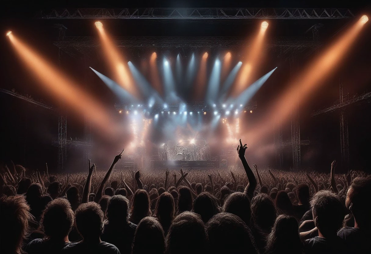 "Ultra realistic with high quality and ultra details with excellent focus and contrast, of an image in the style of photorealism of a rock metal concert, movement and dynamics of the image, lighting typical of metal concerts, smoky effects on the stage, correct and accurate anatomy, correct objects, ultra detail of the faces of the people and objects in the image