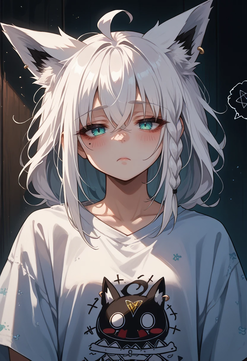 score_9, score_8_up, score_7_up, source_anime, <lora:shirakami_fubuki_sdxl_pony-4:1>, fubuki, white hair, single side braid, ahoge, piercing, fox tail, 
portrait, pajama shirt, loose shirt, oversized shirt, tired, messy hair, dark circles,