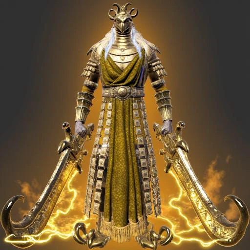 A powerful, menacing knight clad in gold, armor stands confidently, surrounded by an ethereal golden glow. His helmet obscures his face completely, He holds a massive, radiant sword that emits an intense gold light, matching the electrical energy crackling around him. The scene is set in a mysterious, misty environment, with dark clouds swirling ominously in the background, giving the image a dramatic and otherworldly atmosphere. Ultra-realistic, hyper-detailed, fantasy, cinematic lighting, perfect composition, high contrast.  A masterpiece of craftsmanship, this armor is forged from gleaming, otherworldly metals that shimmer in gold under the light. The plates are intricately engraved with ancient, mystic runes that pulse with a faint, ethereal glow, The armor's design is both elegant and formidable, with interlocking plates that provide maximum protection without sacrificing mobility. Ornate filigree and symbols of long-lost civilizations are embedded into the pauldrons, chest plate, and gauntlets, showcasing the artisan's dedication to detail.  Diablo style. gold armor.