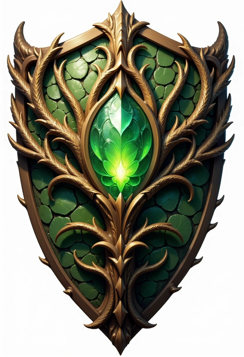 digital illustration of a fantastical shield with a medieval fantasy theme. The shield is intricately designed with a wooden frame that resembles tree branches, intertwining and forming a sturdy yet ornate structure. The wood has a rich, earthy texture with visible grain patterns, giving it a natural and organic feel. At the center of the shield is a large, emerald-green gemstone that glows with an internal light, casting a soft, greenish aura around it