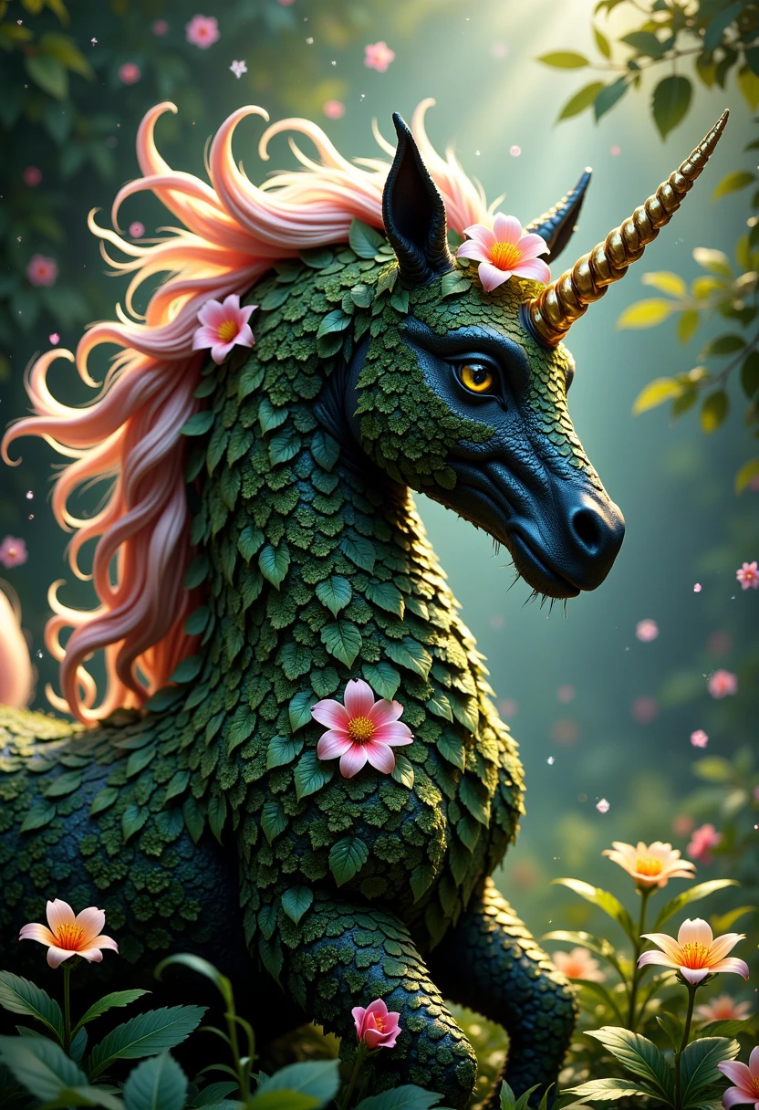 photo of a magical unicorn made out of bushes and vines, earthen unicorn, enchanting and magical feel, glowing moon flowers braided into her mane