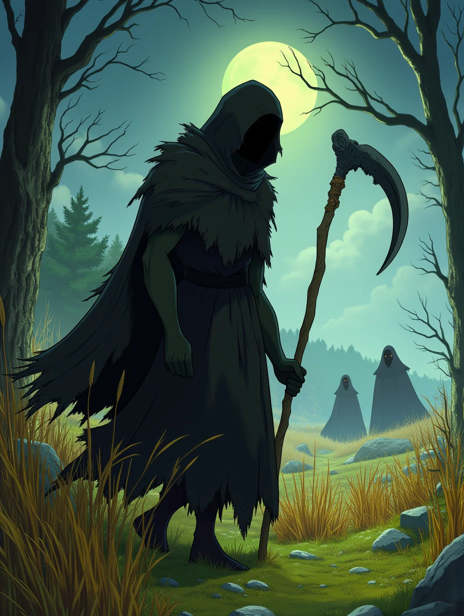 A mysterious shadow figure with no discernible face, clad in a tattered black cloak, holding a scythe, walking through a field of tall, dead grass, with ghostly figures rising from the ground as the full moon casts an eerie glow over the landscape