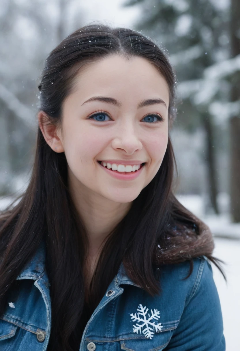 closeup head and shoulders portrait,jodelle woman,park,denim_jacket,snow,ice,happy,thumbs_up,ringed_eyes,blue eyes,in winter,black hair,snowflakes,very long hair,straight_hair,<lora:Jodelle Ferland SDXL:0.8>,UHD,8k,shot on Canon EOS 5D,photo in the style of Alessio Albi,