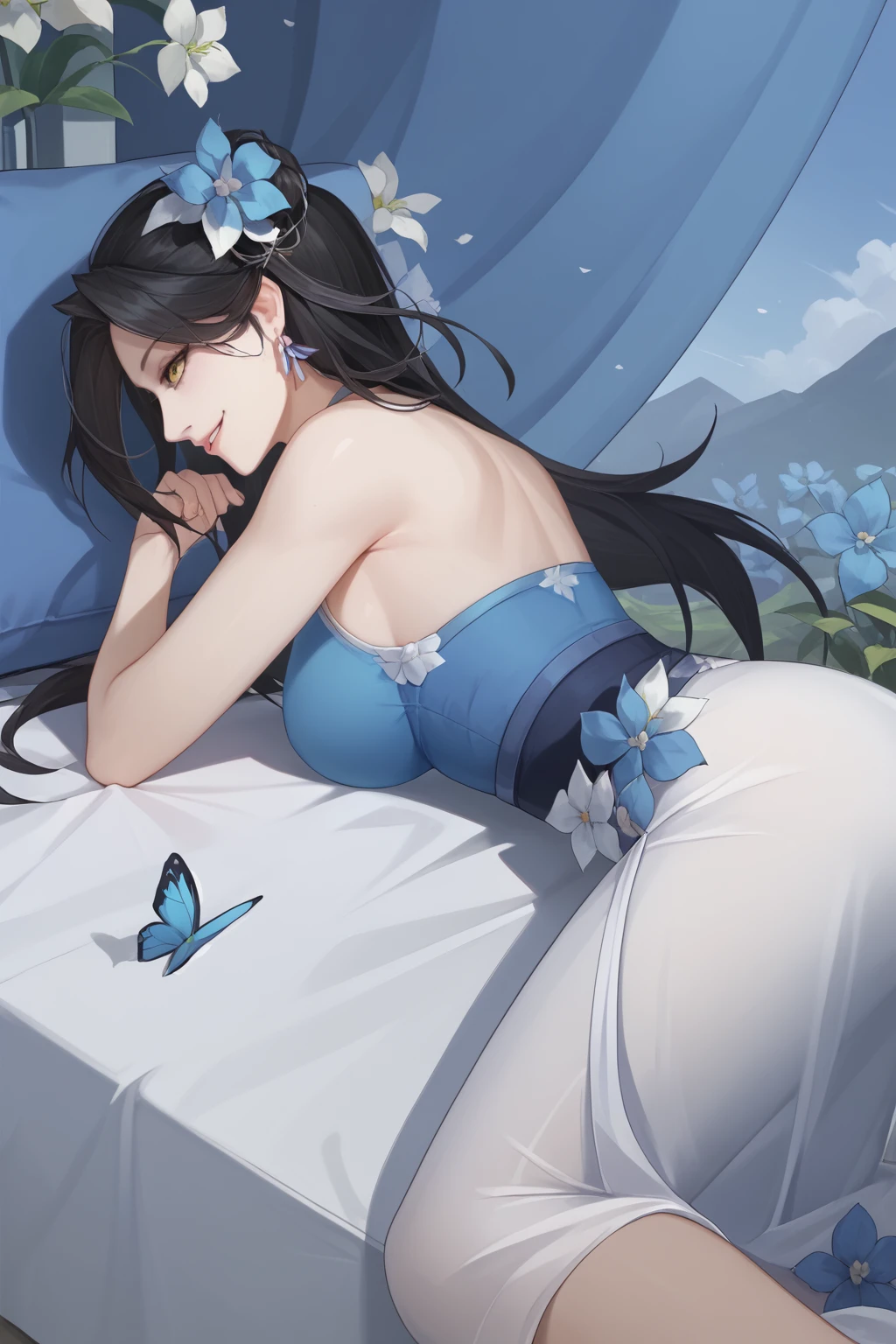 cai lan, black hair, long hair, blue flower hair ornament, yellow eyes, earrings, blue bra, blue panties, lying on bed,
(nsfw), (uncensored), (score_9), score_8_up, score_7_up, source_anime, cowboy shot, dynamic pose, Happy, Smile, Parted Lips, blush, ashamed, shy, sexy, charming, alluring, seductive, enchanting, erotic,
((outdoors)), ((flower garden)), ((flowers)), ((many flowers)), spring petals, petals of flowers, spring, falling petals, flying butterflies<lora:EMS-451071-EMS:1.000000>