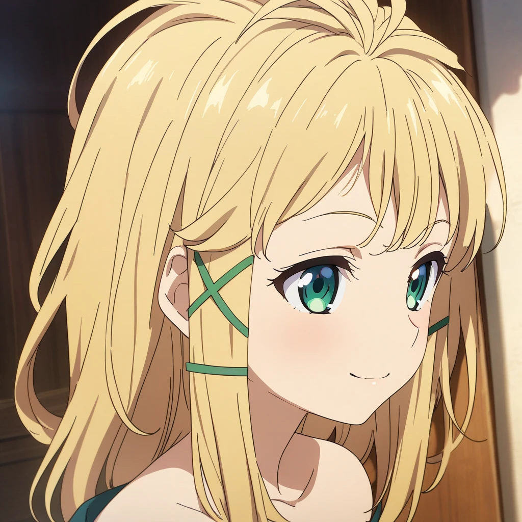 tina_sprout, blonde hair, messy hair, green eyes, criss cross hair ornament, flat chested, green dress, off shoulder, close up, portrait, smile,  anime coloring<lora:XL-TinaSprout:1>, (masterpiece),(best quality),(ultra-detailed),(best illustration),(best shadow),(absurdres),(detailed background),(very aesthetic),