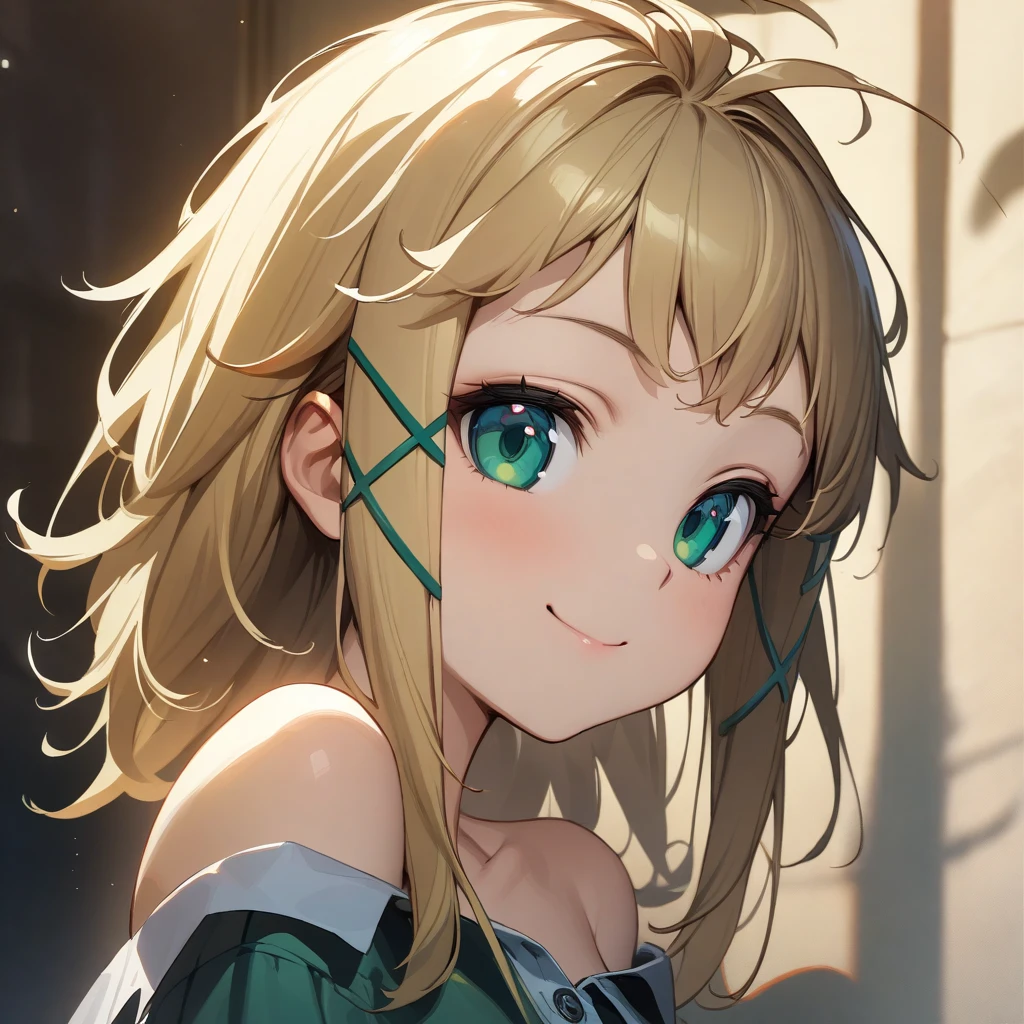 tina_sprout, blonde hair, messy hair, green eyes, criss cross hair ornament, flat chested, green dress, off shoulder, close up, portrait, smile,  <lora:XL-TinaSprout:1>, (masterpiece),(best quality),(ultra-detailed),(best illustration),(best shadow),(absurdres),(detailed background),(very aesthetic),