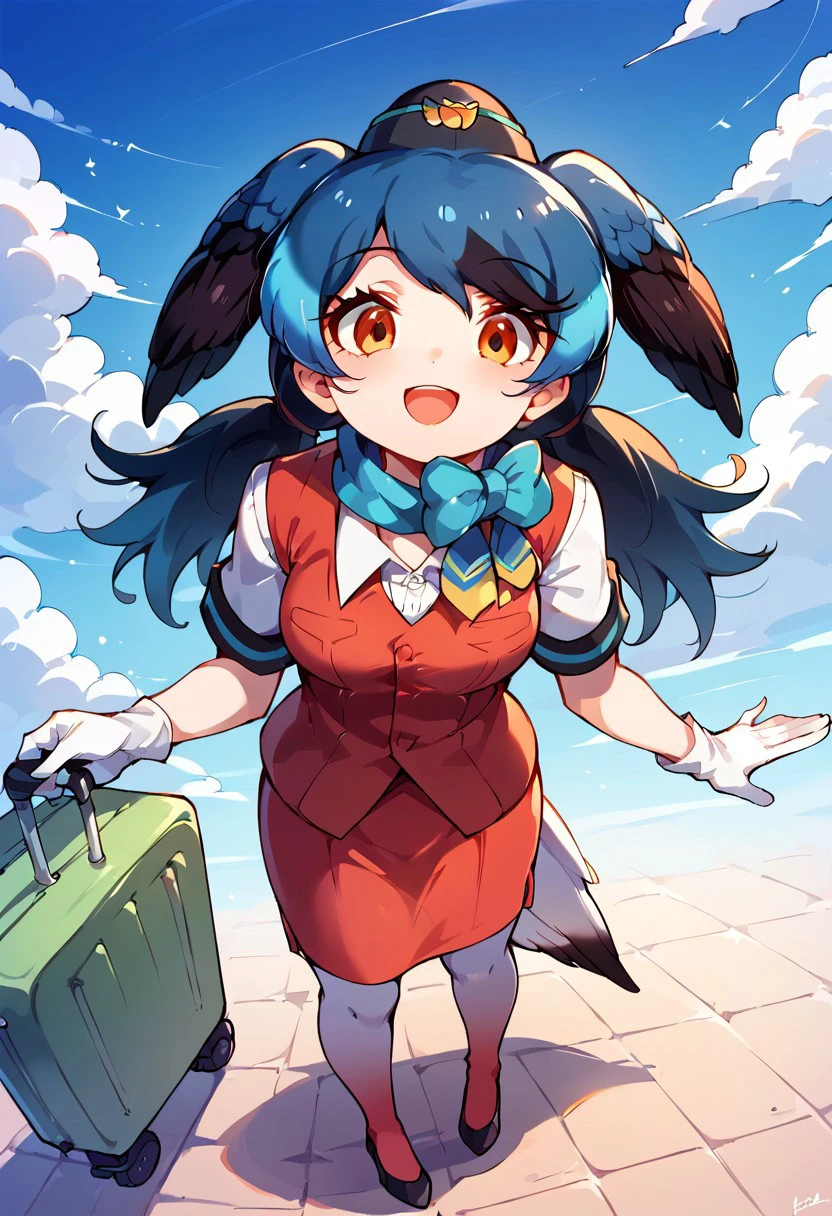 1girl, ((solo)), best quality, ultra-detailed, extremely detailed, perfect anatomy, masterpiece, score_9, score_8_up, score_7_up, Expressiveh, passenger pigeon (kemono friends), multicolored hair, blue hair, black hair, head wings, bird tail, bangs, orange eyes, long hair, twintails, red vest, white shirt, short sleeves, white gloves, red skirt, gradient skirt, hat, garrison cap, gradient legwear, pantyhose, scarf, pencil skirt, blue bowtie, black heels, standing, smiling, happy, staring at viewer, blue skies background, clouds, open mouth smile, dutch angle, closeup, rolling suitcase, dragging suitcase,