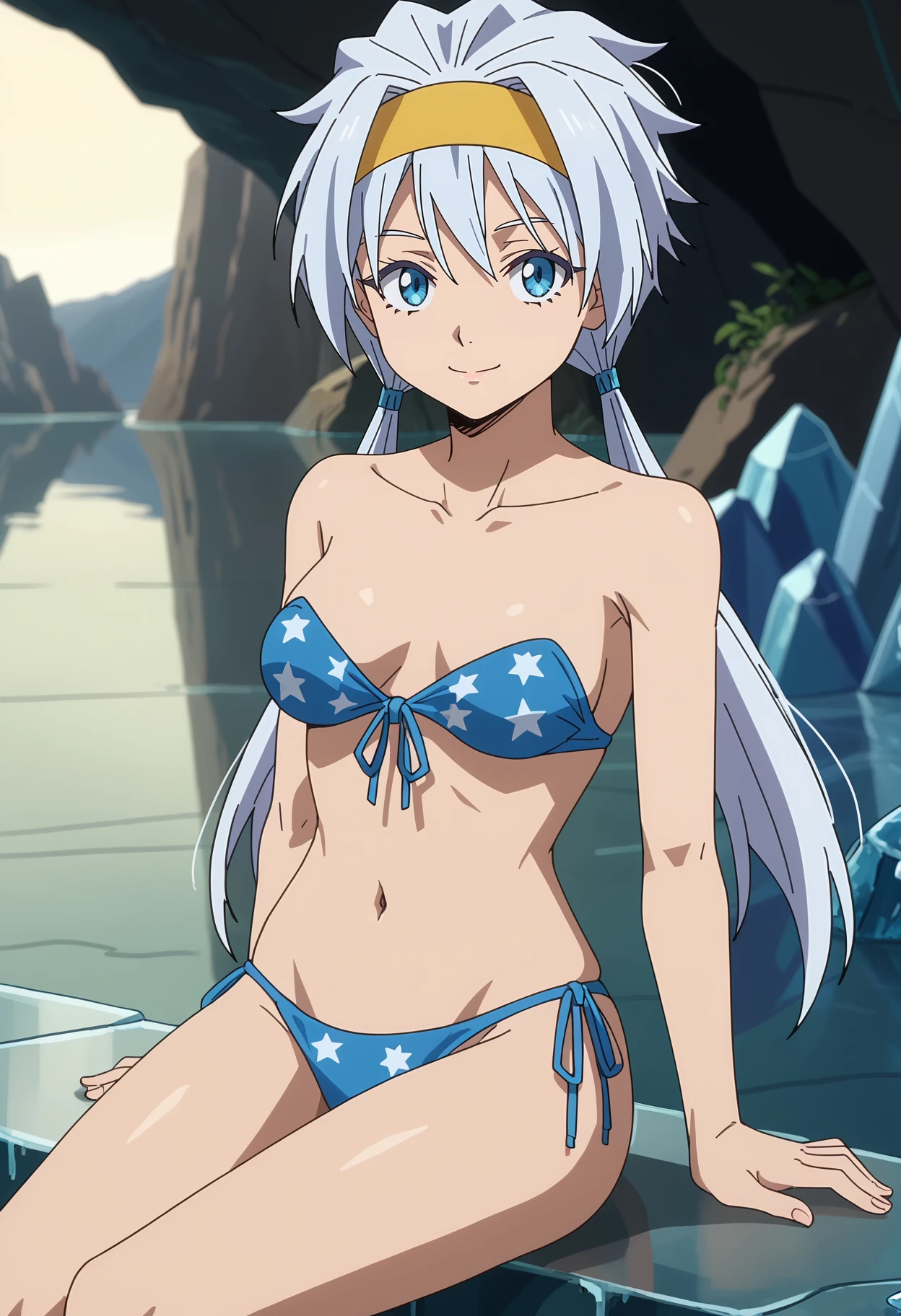 score_7_up, anime screencap,
<lora:TenSura_VelzardXL:0.9>, VelzardTS,
1girl, solo, closed mouth, light smile,
spiked hair, white hair, low twintails, blue eyes, yellow headband,
strapless bikini, star print, blue bikini, front-tie bikini top, side-tie bikini bottom,
sitting, looking at viewer,
blurry background, indoors, cave, lake, ice