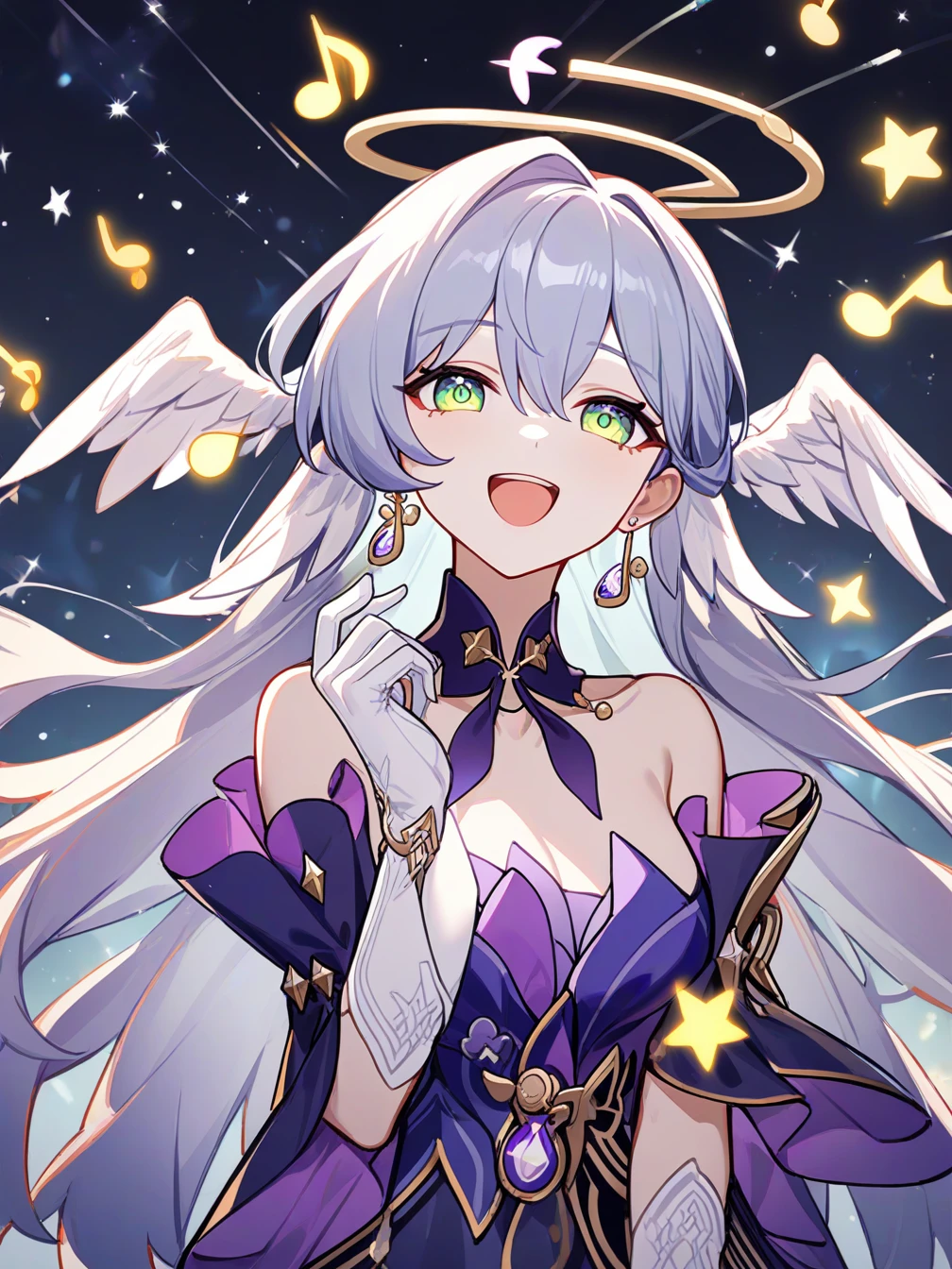 1girl,solo,robin \(honkai: star rail\),
white gloves,smile,looking at viewer,open mouth,halo,upper body,very long hair,detached sleeves,jewelry,hand up,musical note,earrings,head wings,green eyes,
starry background,night sky,glowing,singing,mechanical halo,
<lora:robin_1-000028:1>,