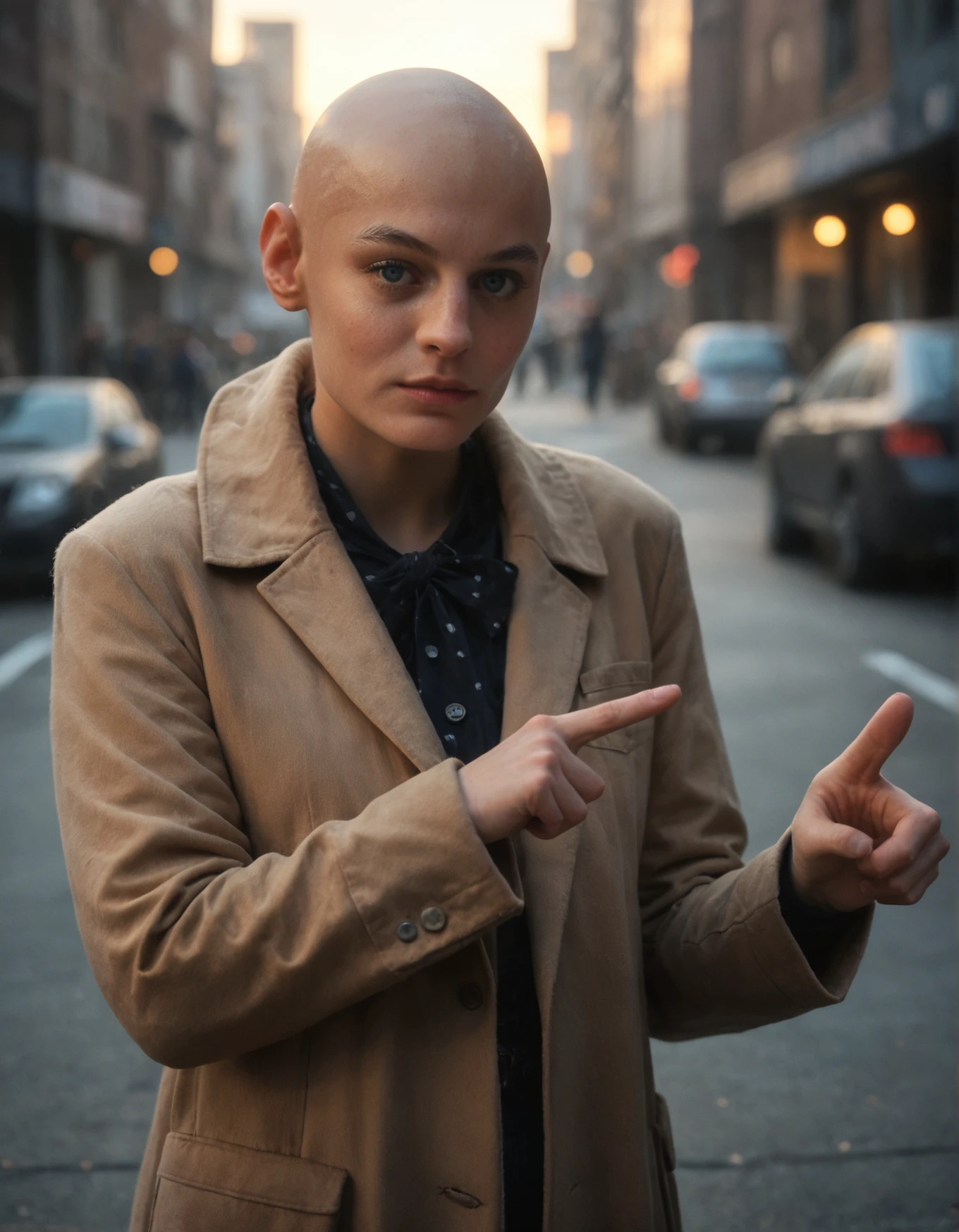 score_9, score_8_up, score_7_up,score_6_up,high resolution,photo,realistic,emcr,1girl,bald,brown coat,pointing hands,city,front view,upper body,pov,looking at viewer,,volumetric lighting,rim lighting,dof,dramatic shadow,dimly lit,dark,gloomy