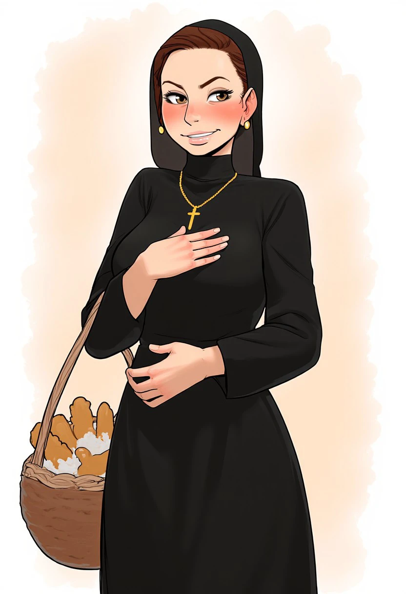 InCasestyle, 1girl,solo,long hair,breasts,blush,smile,brown hair,black hair,long sleeves,dress,holding,jewelry,earrings,food,necklace,black dress,cross,hand on own chest,long dress,basket,nun,habit,cross necklace,bread,holding basket,catholic