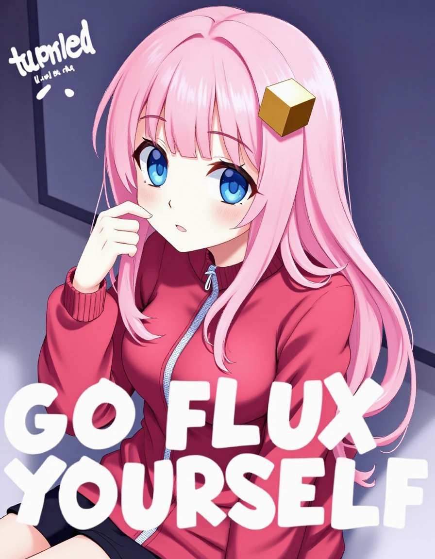 foreground text that says "Go FLUX Yourself" as a stylised poster, In the background add, {
"prompt": "A solo girl with blue eyes is wearing a pink long hair wig, pink track jacket, and has bangs that fall over her eyebrows. She is sitting with a cube hair ornament in her hair."
}