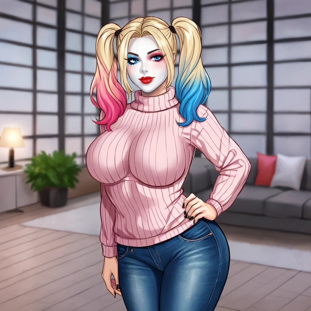 <lora:harleyquinnrebirth_pony_v1:.75>harleyquinnrebirth, 1girl, solo,  large breasts, twintails, multicolored hair, blue eyes,  makeup,  blonde hair, blue hair, pink hair,  lipstick, red lips,   eyeshadow,  pale skin, gradient hair, cowboy shot, sweater, jeans