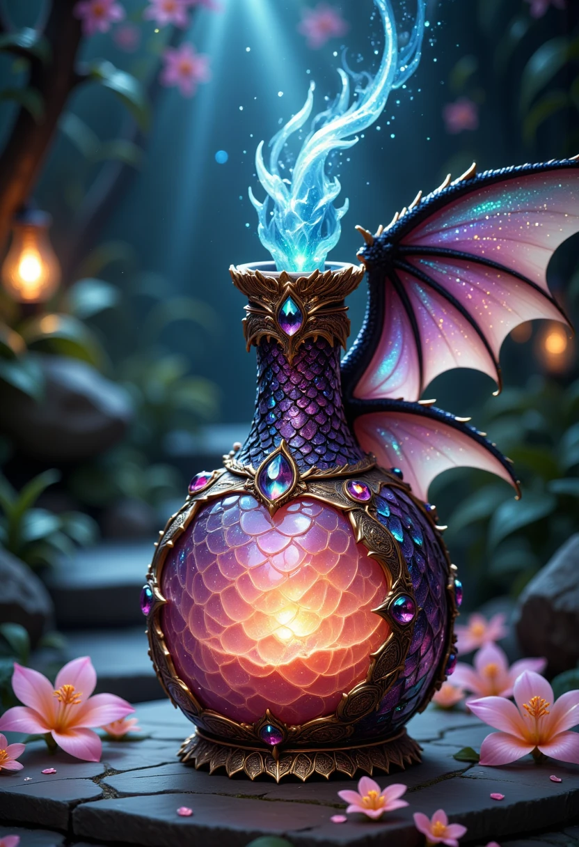 a beautiful translucent shining sparkling gemstone ornate decorative fairy magical potion bottle that emits magical dragon's breath, made out of a magical gemstone with vibrant colors, , macro bokeh