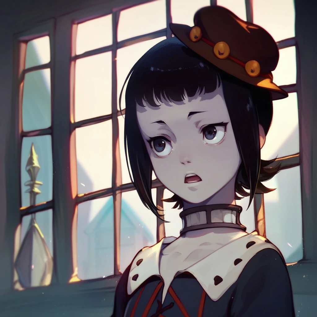 score_9, score_8_up, score_7_up, rita, shingeki no bahamut genesis, 1girl, solo, short hair, window, black hair, choker, dress, hat, upper body, black eyes, open mouth