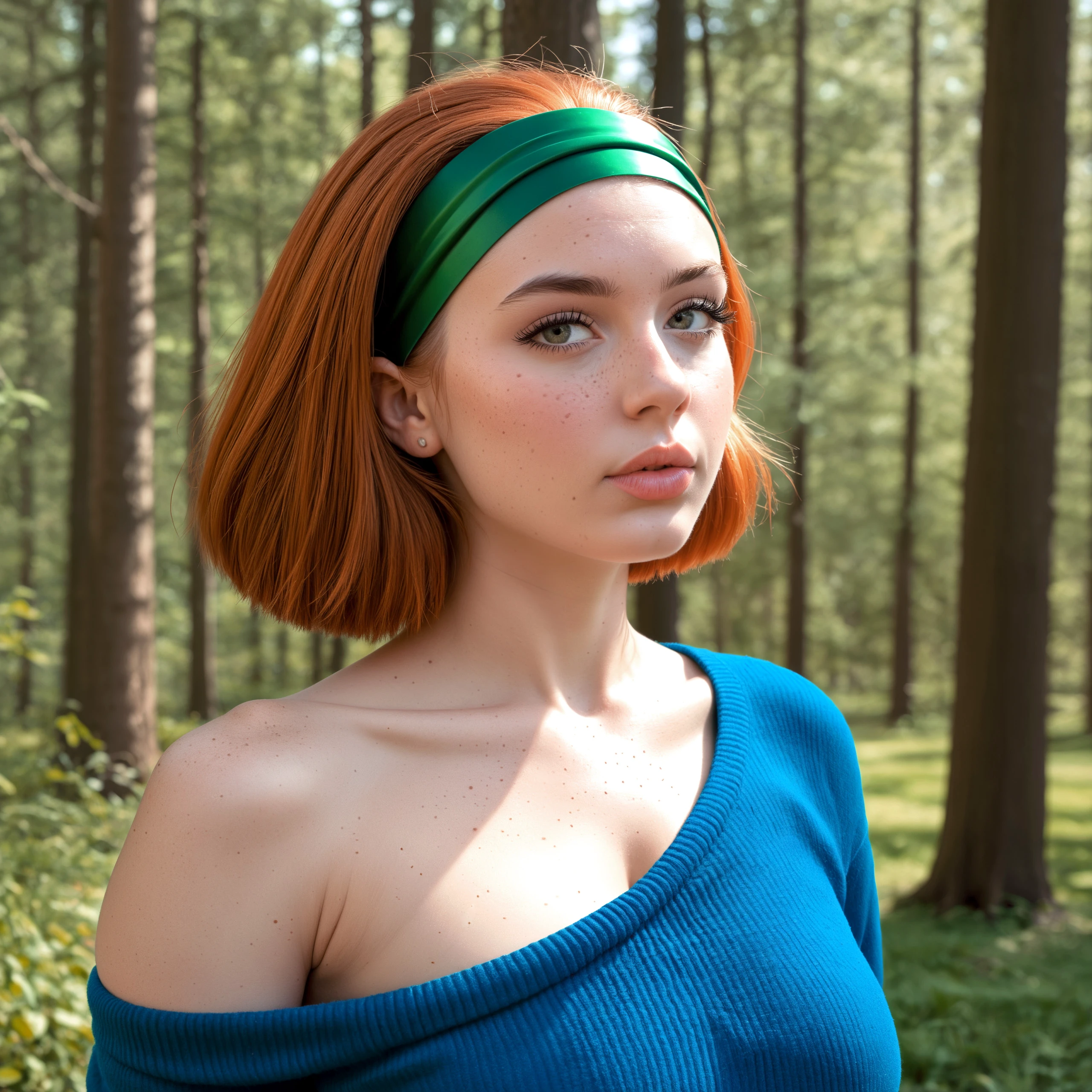 a beautiful irish woman, pale skin, slightly lipstick, black eyeshadow, natural ginger hair, bobcut, (big hair:0.9), beauty marks, freckles, skin details, long eyelashes, 

h41rb4nd, wide-hairband, large shiny green hairband, 

detailed face, detailed eyes, (forrest:1.1), (sunrays:1.05), intricate slightly blue sweater, one shoulder off, slightly cleavage,