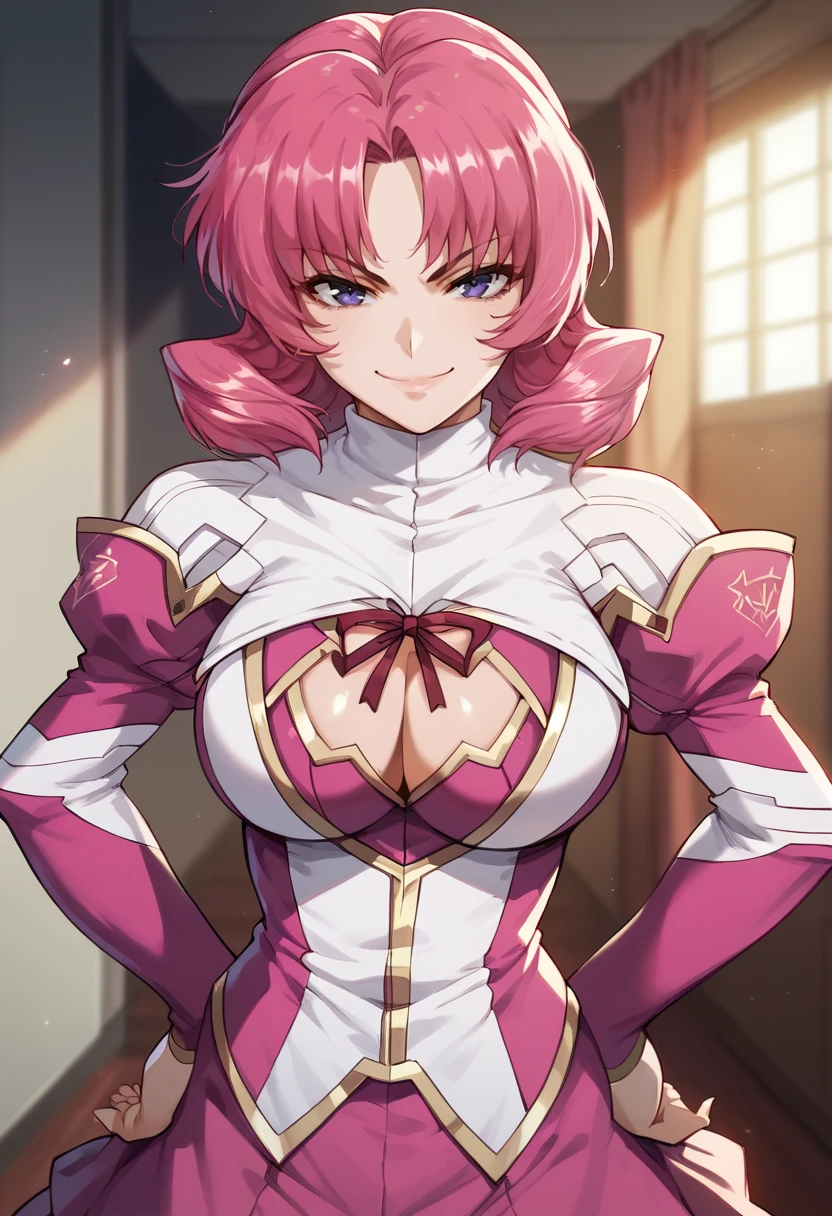 (indoors), (smile, naughty face, looking at viewer, hands on own hips)  <lora:RoxanneElipton-10:1> roxanneelipton, pink hair, short hair, purple eyes, large breasts, cleavage, cleavage cutout, clothing cutout, ribbon, juliet sleeves, long sleeves,  turtleneck, uniform, pink skirt, brown pantyhose,, score_9, score_8_up, score_7_up, score_6_up, 16k, masterpiece, absurdes, highly detailed, highres, high quality, best quality, shiny, shiny skin, shiny hair, shiny clothes